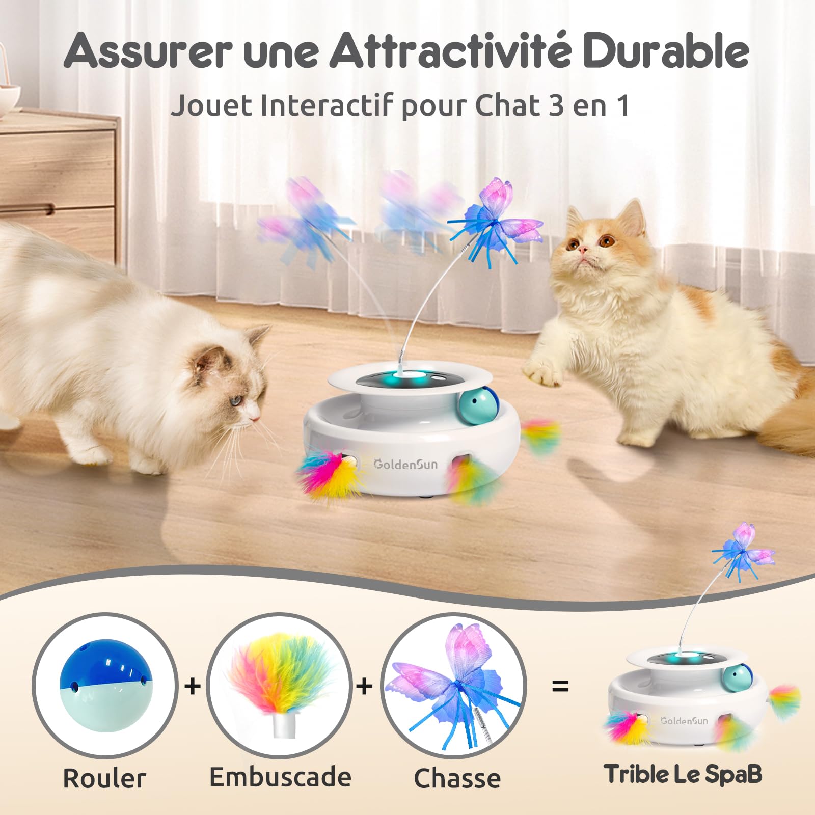 GoldenSun Jouet pour Chat, Jouet Interactif électrique 3 en 1 pour Chats, Whack-A-Mole, Papillon Flottant, Balle Incluse, Jouet pour Chat Rechargeable par USB avec 4 Accessoires