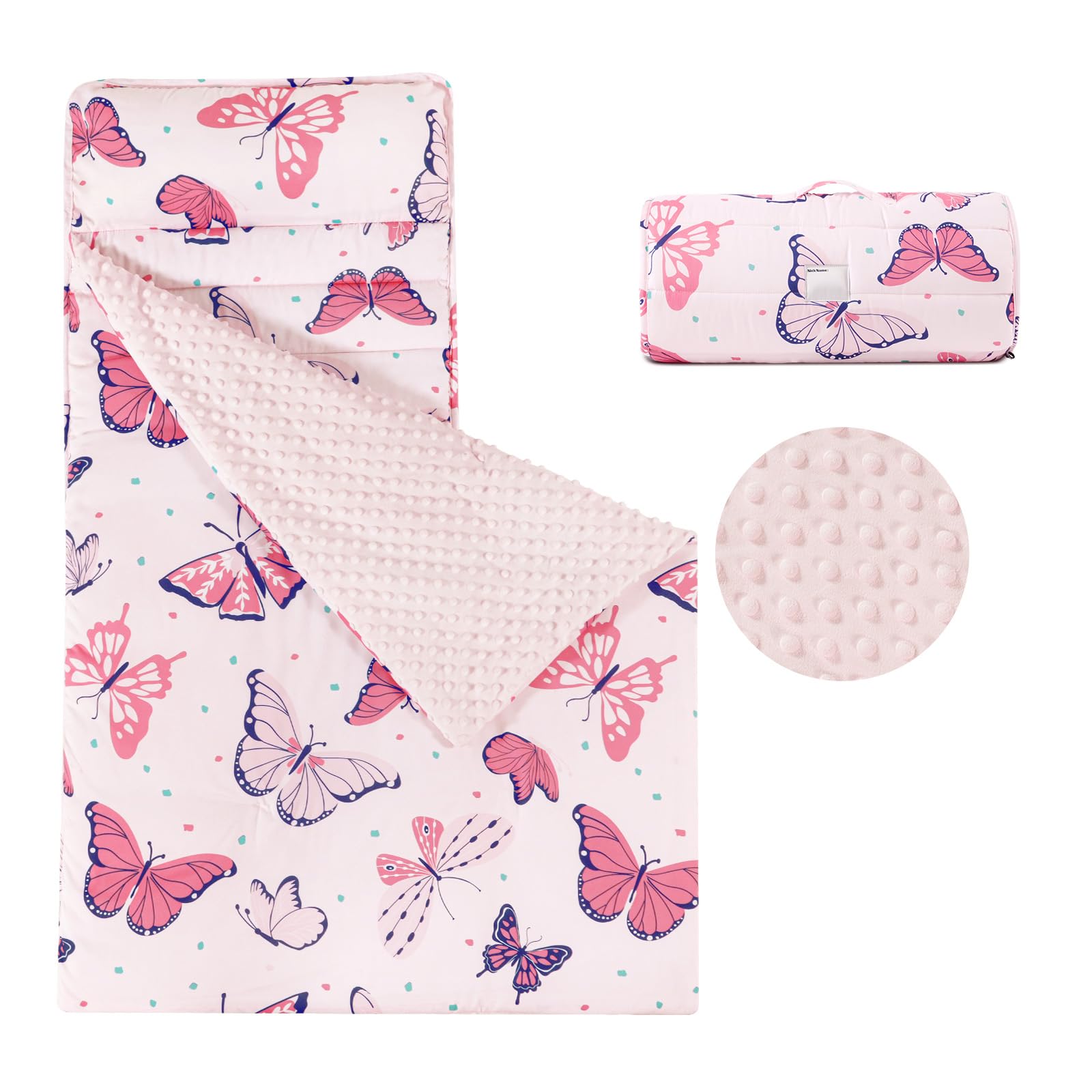 david's kids minky toddler nap mat with pillow and minky fleece blanket, ultra soft slumber bags for girls, perfect for preschool, daycare, kids sleeping bags with rollup design, 50"x20", butterfly