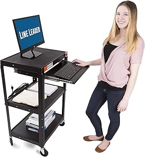 Line Leader AV Cart on Wheels - Includes Three Height Adjustable Shelves and Pullout Keyboard Tray - 15 ft Power Cord with Cord Management Included - Easy to Assemble (42 x 24 x 18 / Black) - coolthings.us
