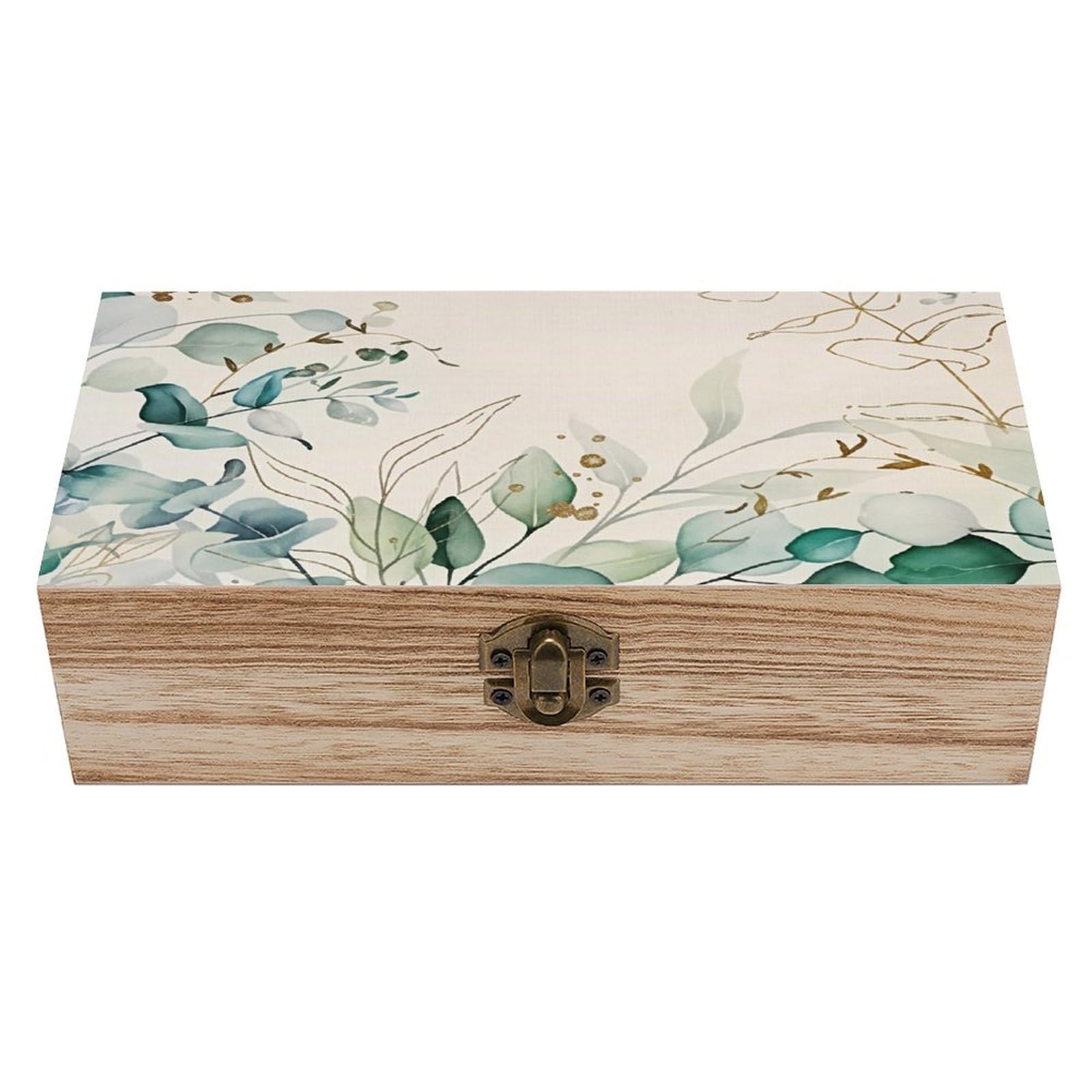 HLBSDM Botanical Leaf Watercolor Vintage Wooden Keepsake Box with Hinged Lid And Locking Clasp, Decorative Storage Box for Jewelry, Trinkets And Small Accessories, Organizer for Home Or Wedding