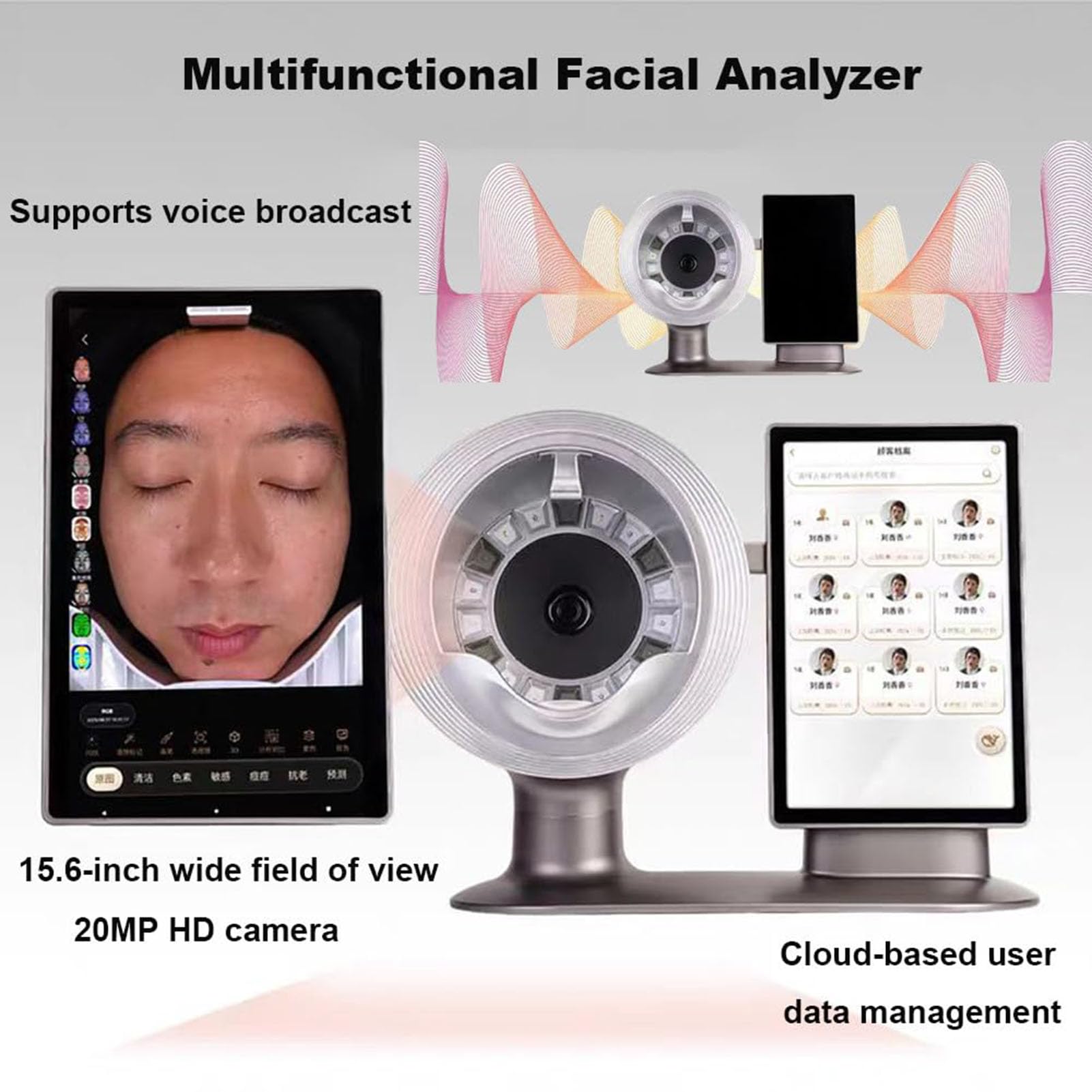 AI Smart Gesichtshaut Analysegerät | Hautanalysegerät | 15,6 Zoll Display | 50-fache lokale Vergrößerung | 10 Spektrumanalyse | 20 Megapixel | 18 Testartikel