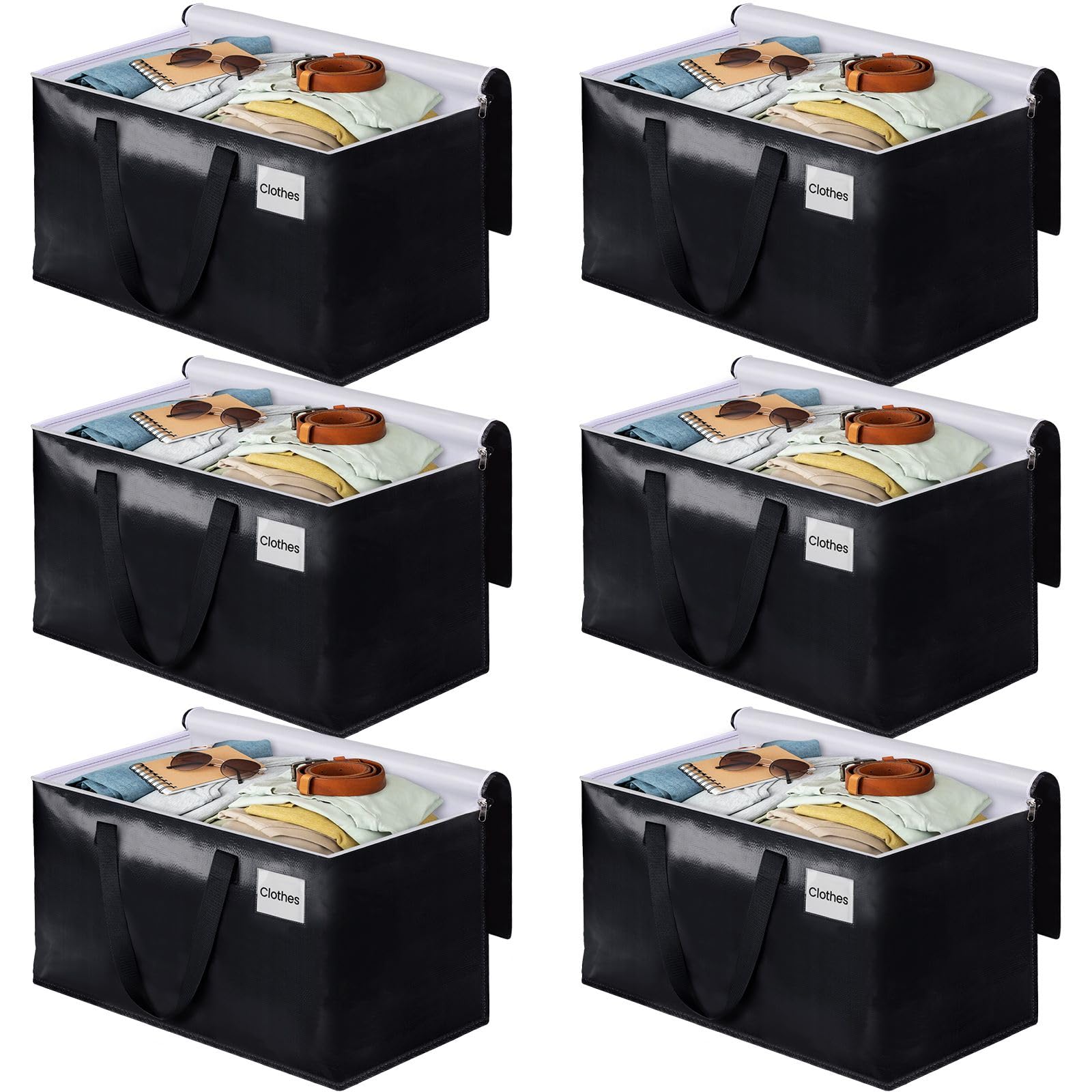 BlissTotes Moving Bags, Heavy Duty Moving Boxes with Zippers Top and Sturdy Handles, Storage Bags for Space Saving and Packing, Collapsible Moving Supplies, Storage Totes (125L, 6-Pack, Black)