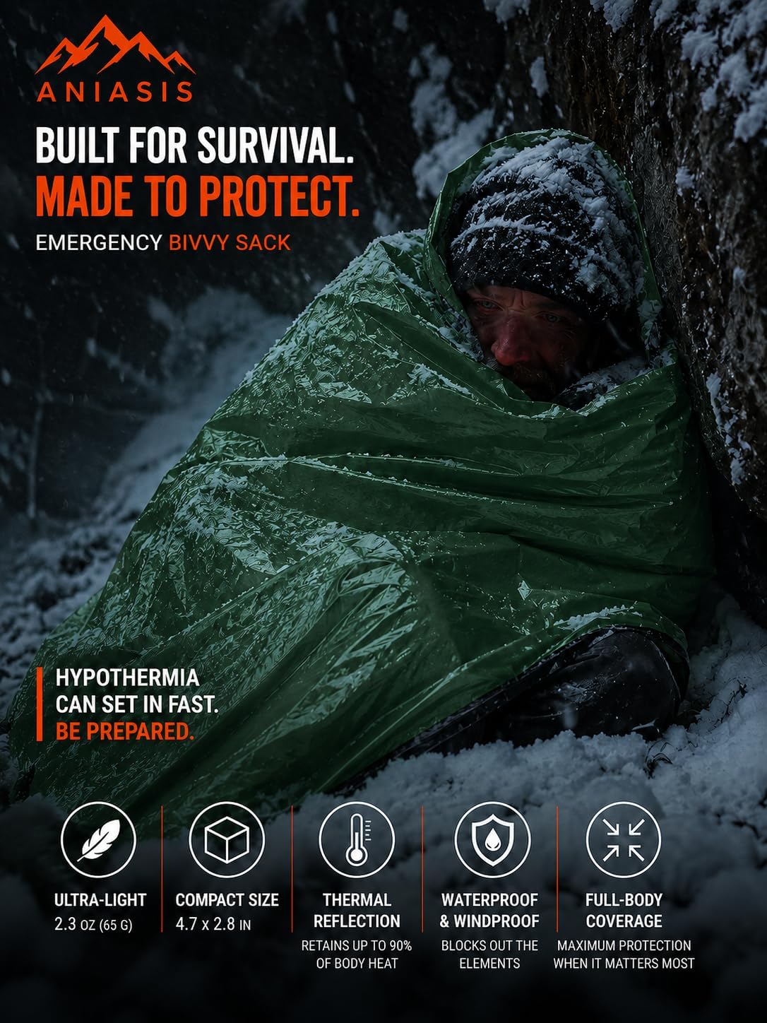 Ultra-Light Waterproof Emergency Bivy Sack – Thermal Sleeping Bag & Survival Blanket for Outdoor Camping, Hiking, and Emergency Preparedness, Green and Orange