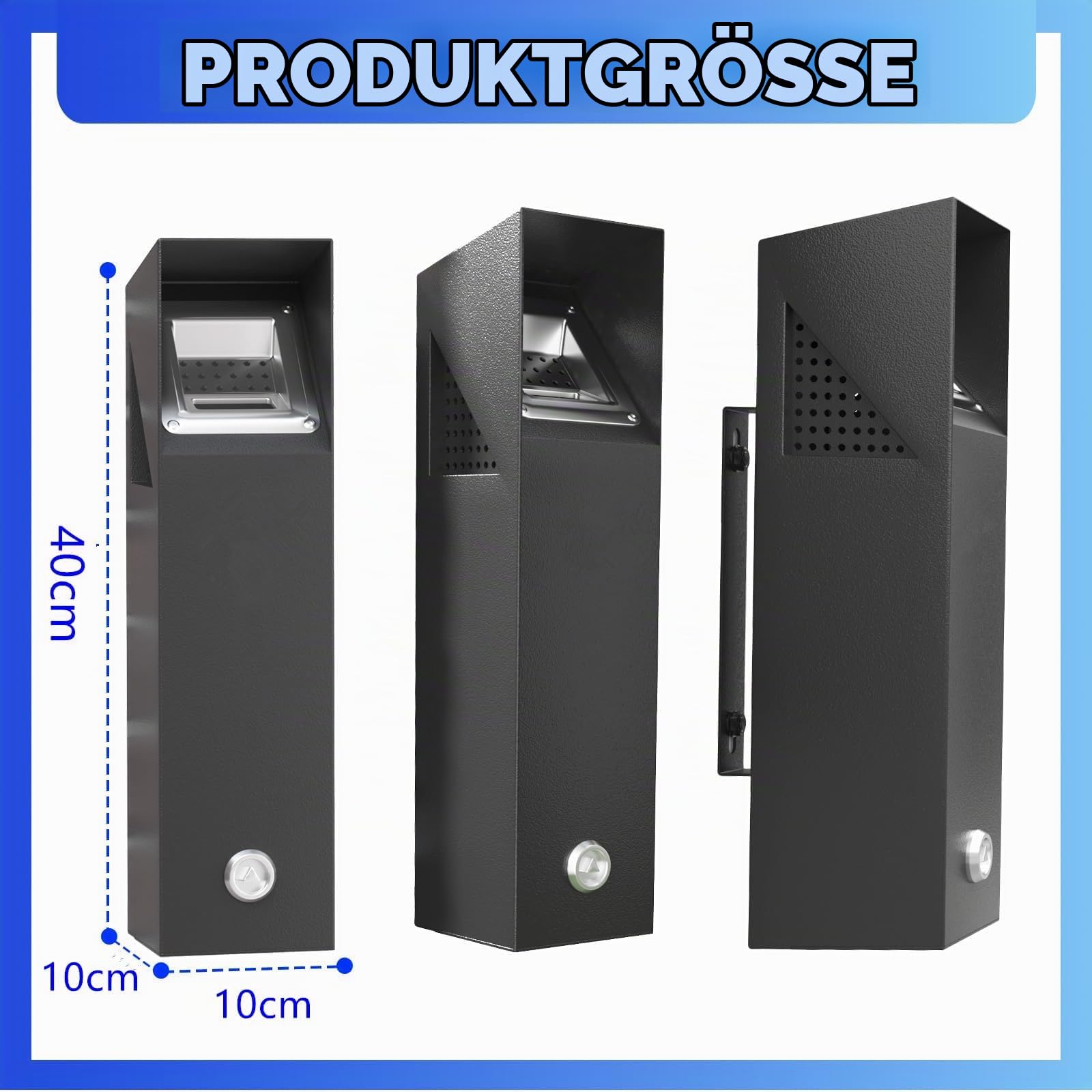 3L Mülleimer mit 3 Seiteneinwürfen, 40x10x10 cm | Wandmontierter, mit Schlüssel, langlebig, pflegeleicht, robust, Ripple Schwarz, für Haushalt und Gewerbe.