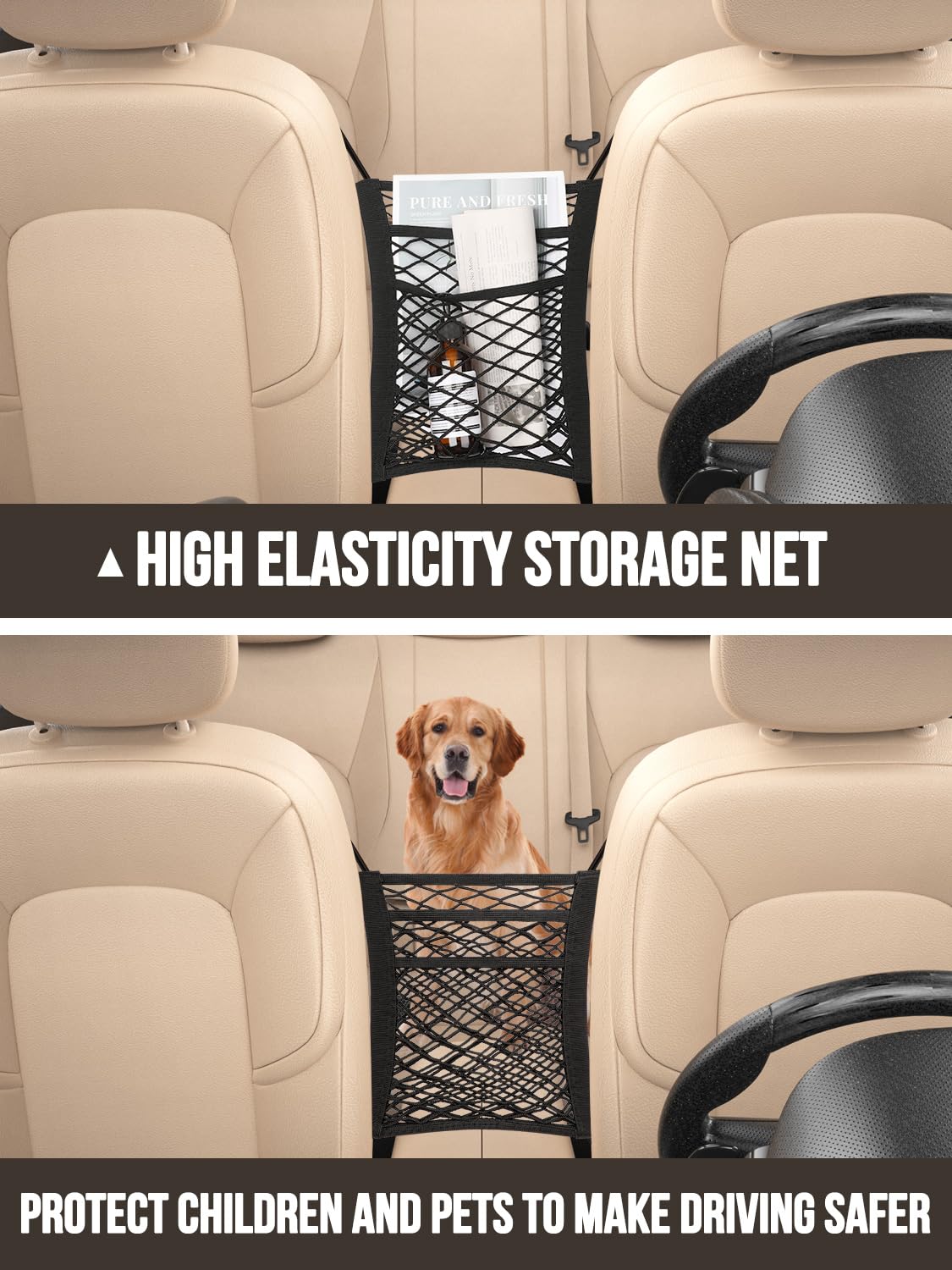 New Fi Backseat Car Organizer(20 Storage Pockets),Come with Free 1 Seat Net and 2 Headrest Hook, Touch Screen Tablet Holder, Divider for Driving Safely Children & Pets…, Car Organizer (black)