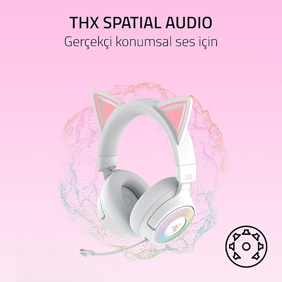 Razer Kraken Kitty V3 Pro - RGB Kitty kablosuz oyun kulaklığı - akış için reaktif kedi kulakları Kulaklık - Triforce 40 mm Sürücü - Hyperspeed Kablosuz ve Bluetooth - THX Spatial Audio | Beyaz