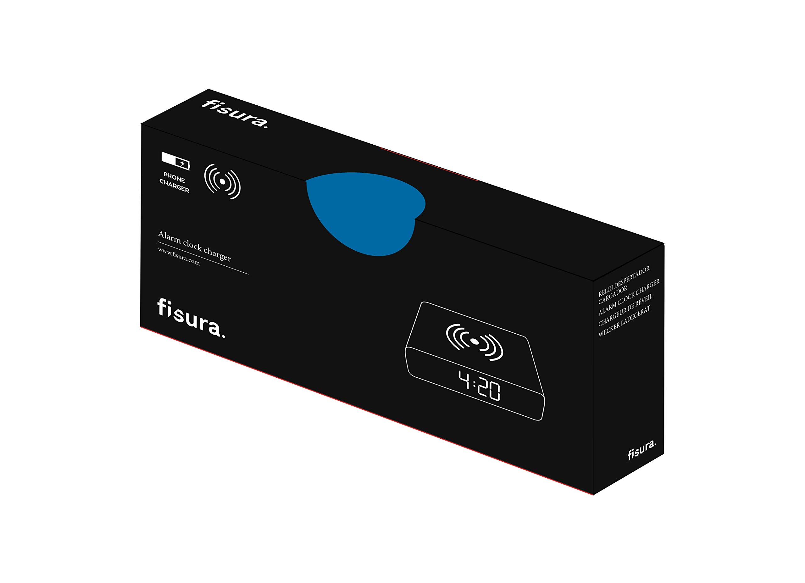 Fisura - Sveglia ricarica wireless Orologio con luce notturna a LED regolabile. Sveglia con cavo USB. Misure: 10,5 x 8 centimetri. (Legno)