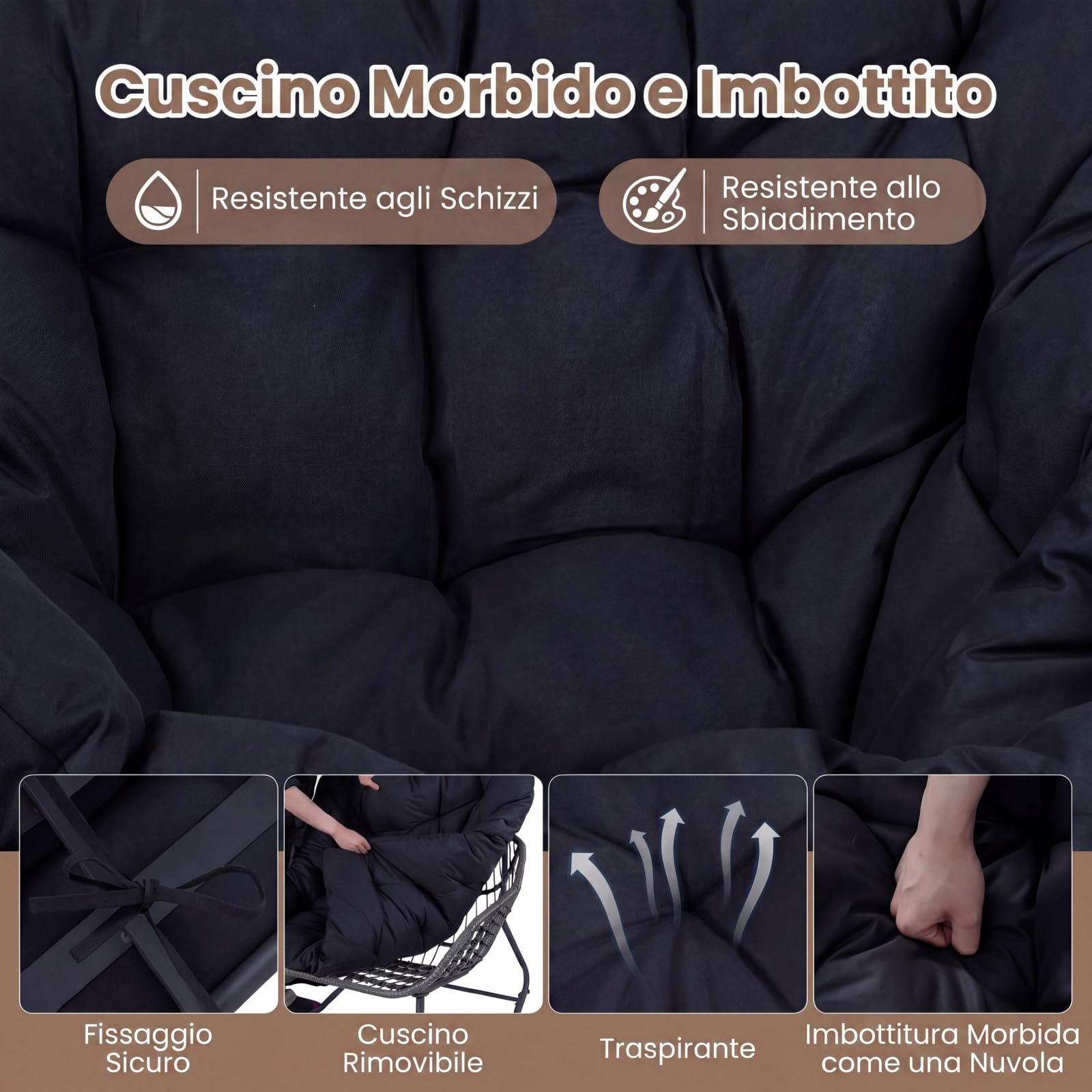COSTWAY Sedia a Dondolo da Interno ed Esterno, Poltrona a Dondolo con Poggiapiedi e Cuscini Rimovibili, Poltrona Relax in Rattan con Telaio in Metallo per Soggiorno e Giardino, Portata 150 kg (Nero)