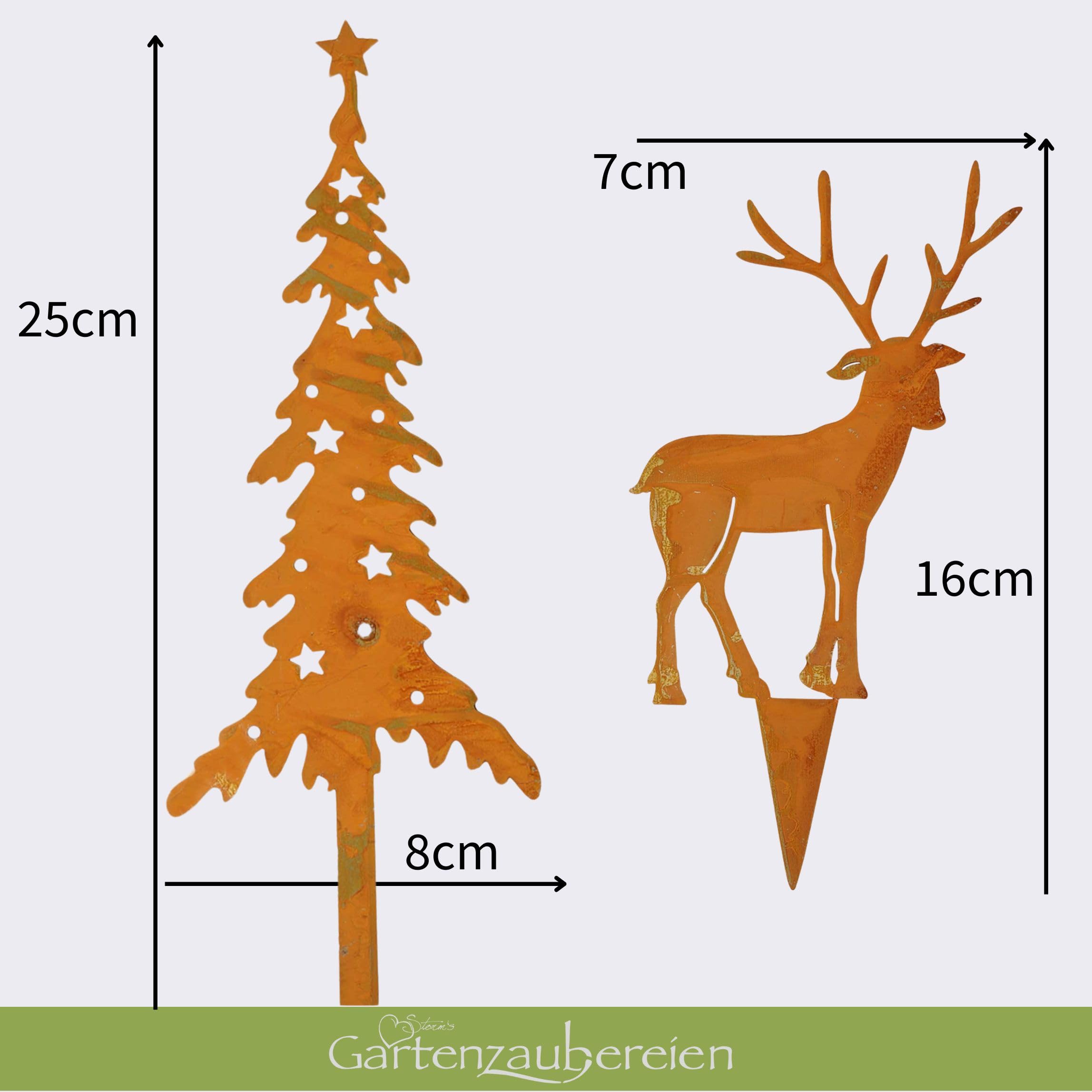Lot De 5 Piquets De Jardin Décoratifs - Élan, Cerf, Faon Et 2 Sapins - Aspect Rouille - Décoration Extérieur Pour Noël Ou Toute L'année