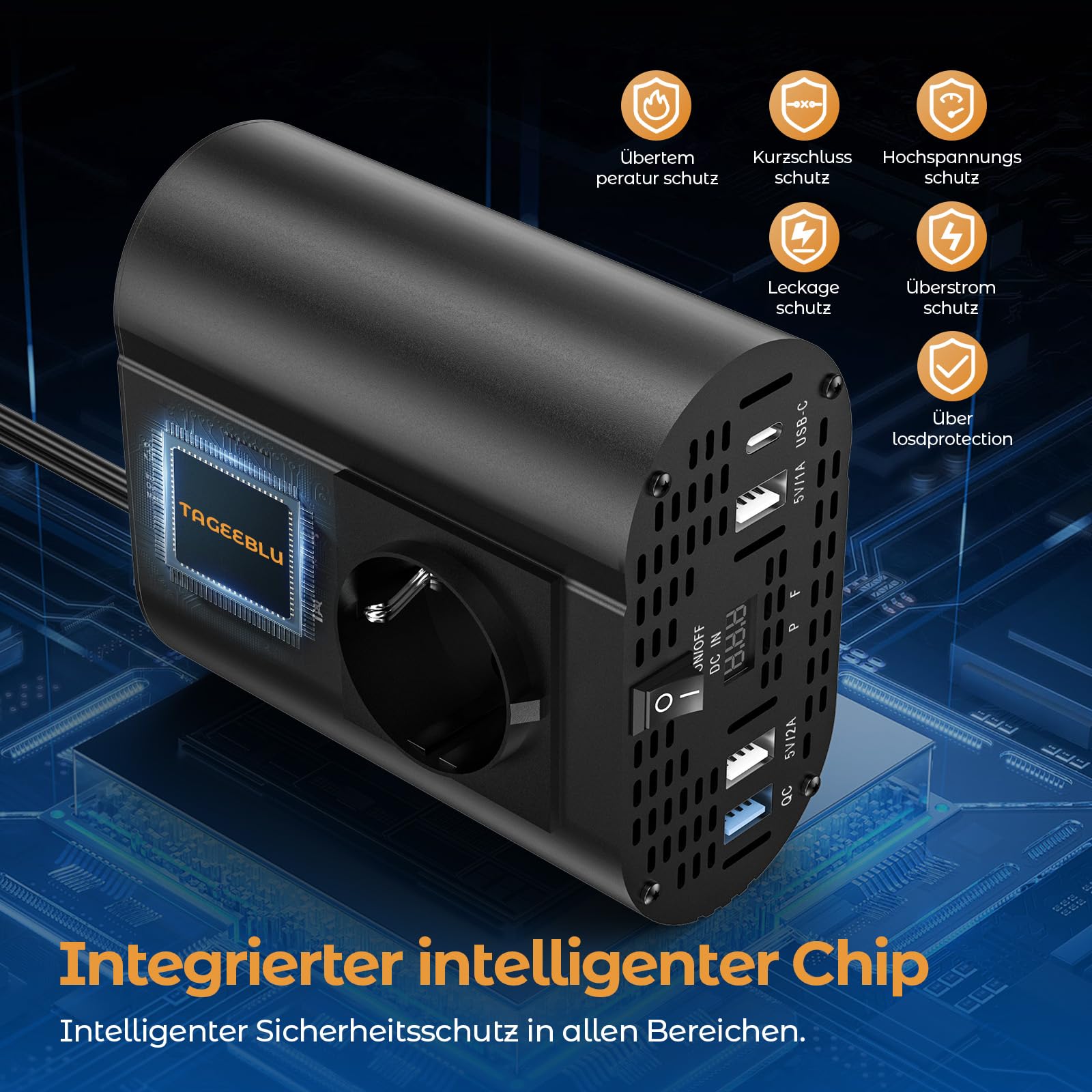 300W Wechselrichter 12V auf 230V, spannungswandler 12v 230v mit 1 Steckdosen、Type-C 30W、USB-Schnellladung 25W、3 USB-Anschlüsse, LED-Anzeige, Laden von Handys, Laptops und Anderen Geräten
