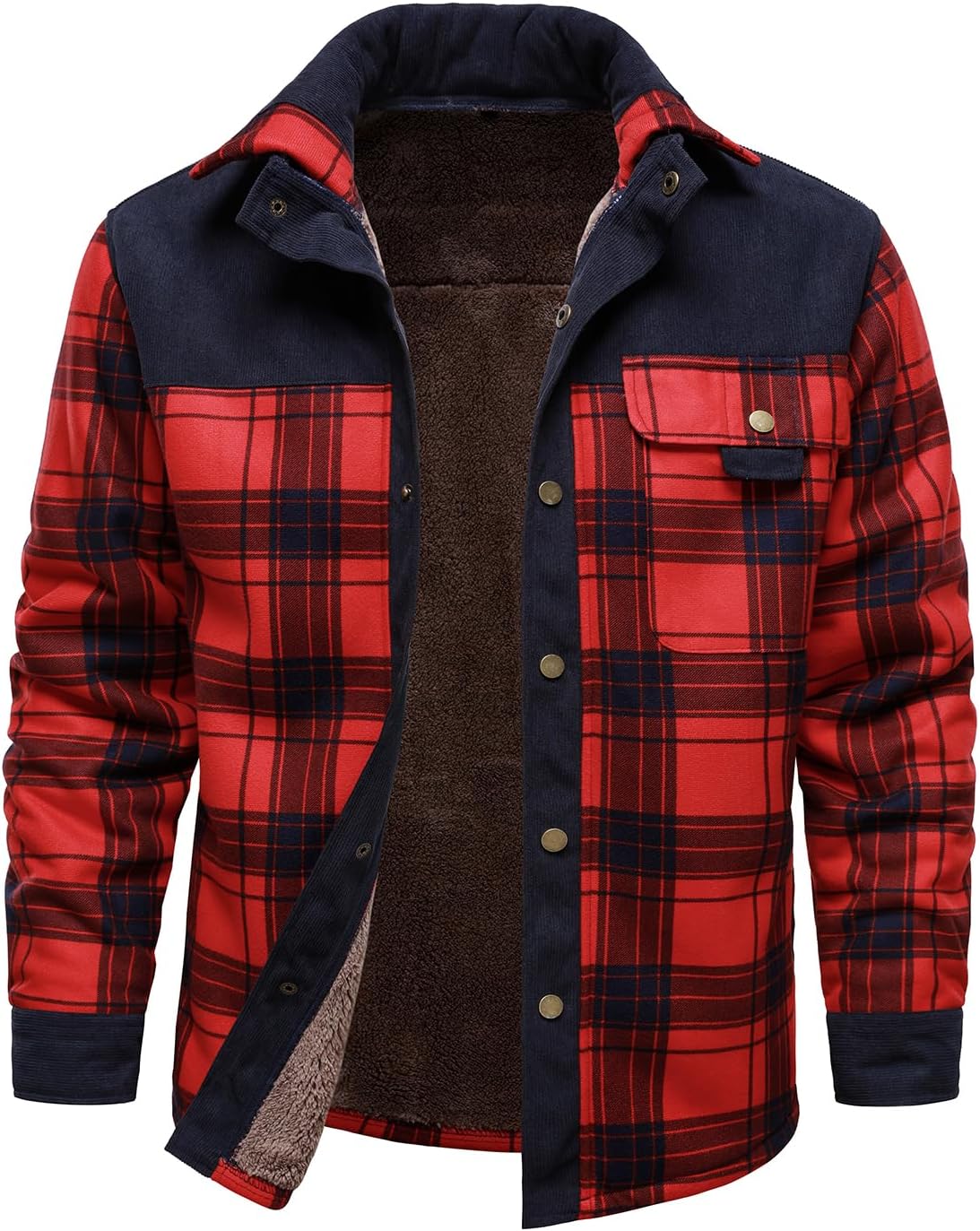 HOOD CREW Mens Long Sleeve Sherpa Lined Shirt Jacket Flannel Plaid Fleece Coats with Pockets
