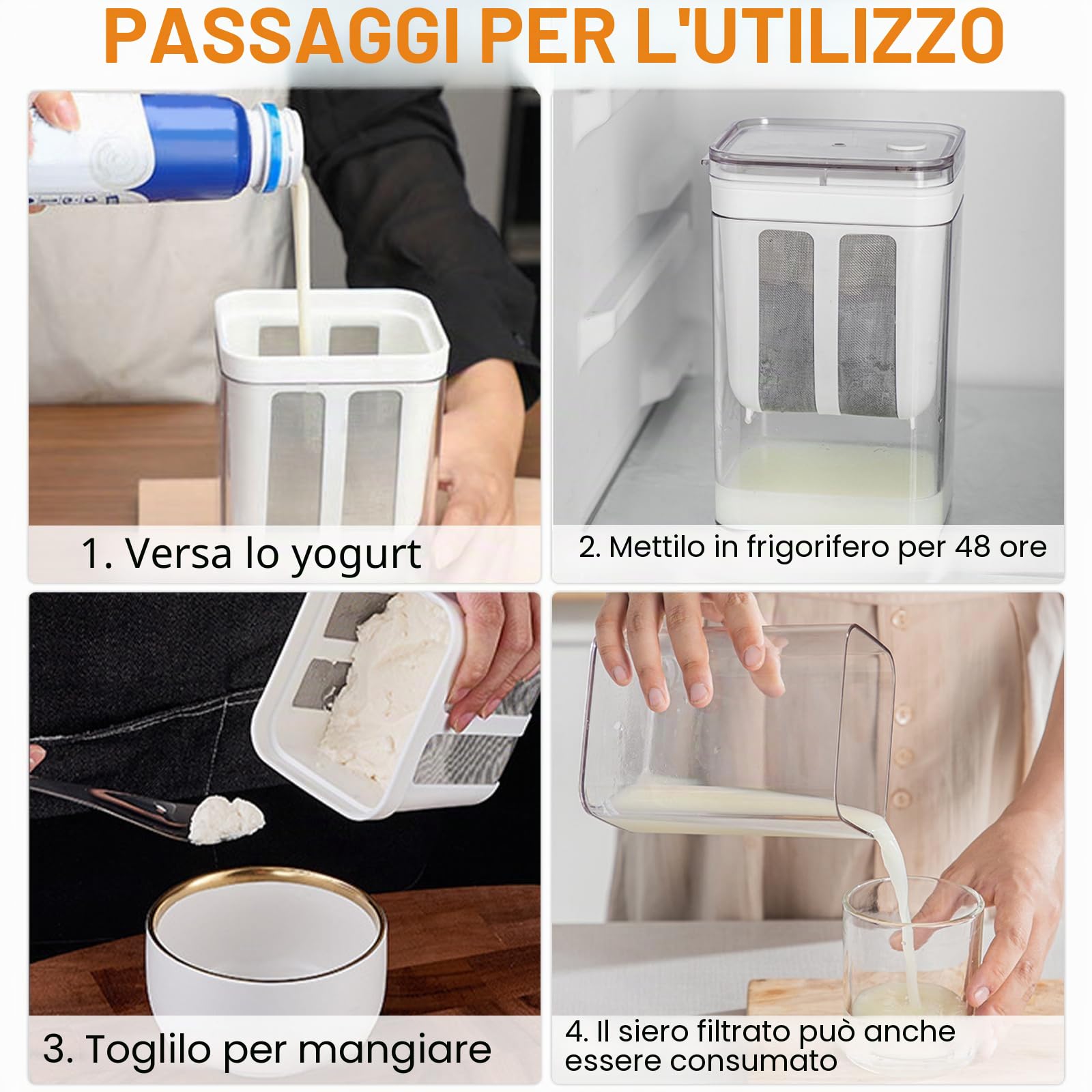 Erzekrim Colino per Yogurt Greco Separatore Riutilizzabile di Siero di Latte Yogurt 1100ML Filtro per Succhi Macchina con Sacchetto a Rete Fine e Coperchio per Filtrare Succhi di Frutta, Latte