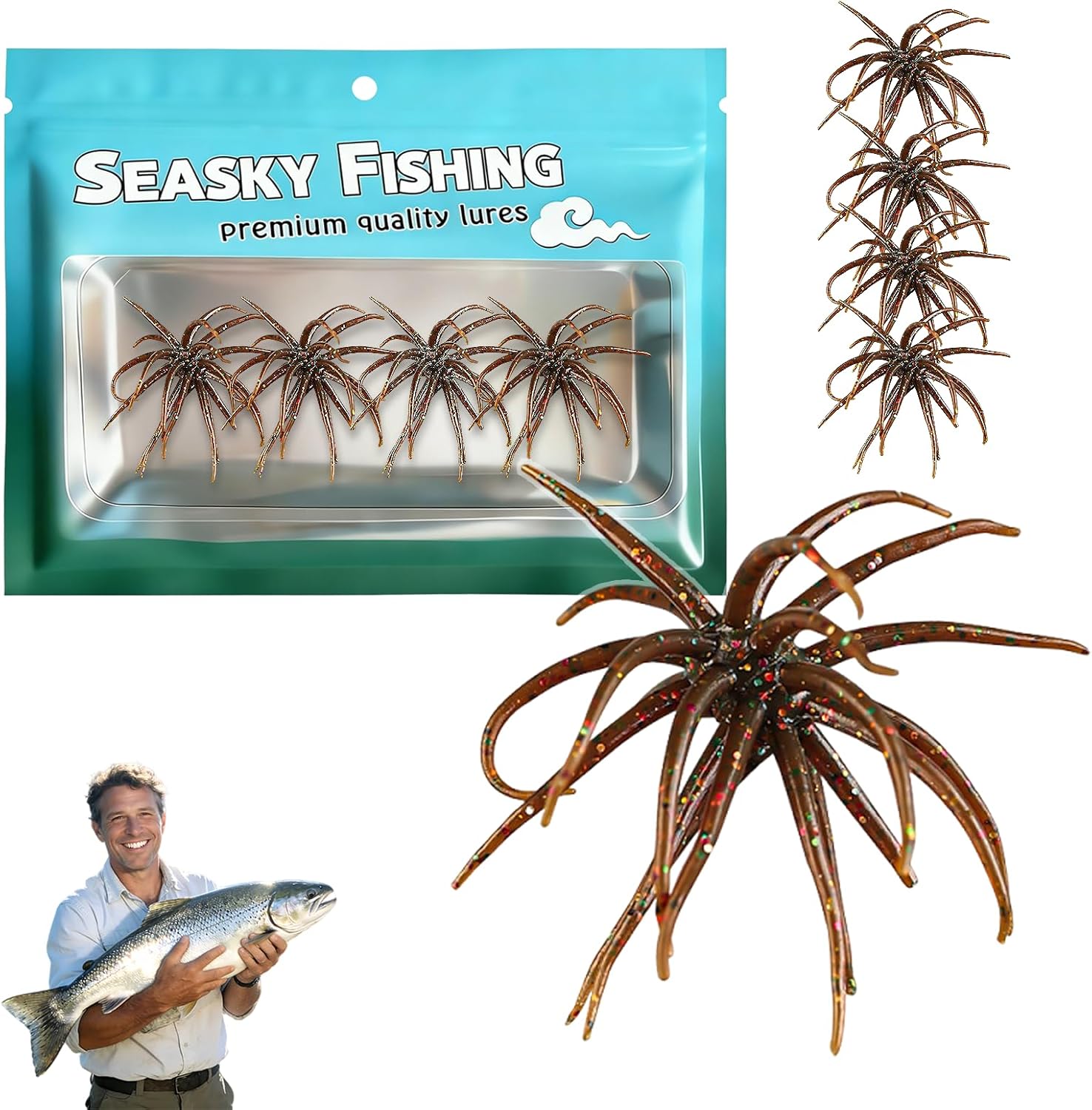 4Pcs Dice Bait, Floating TPR Swimbait with Reflective Stars,Tentacle Creature Lure, Sea Urchin Style Soft Plastic Baits, for Bass Fishing Drop Shot, Wacky Rig/Neko Rig and Finesse, Slow Sinking