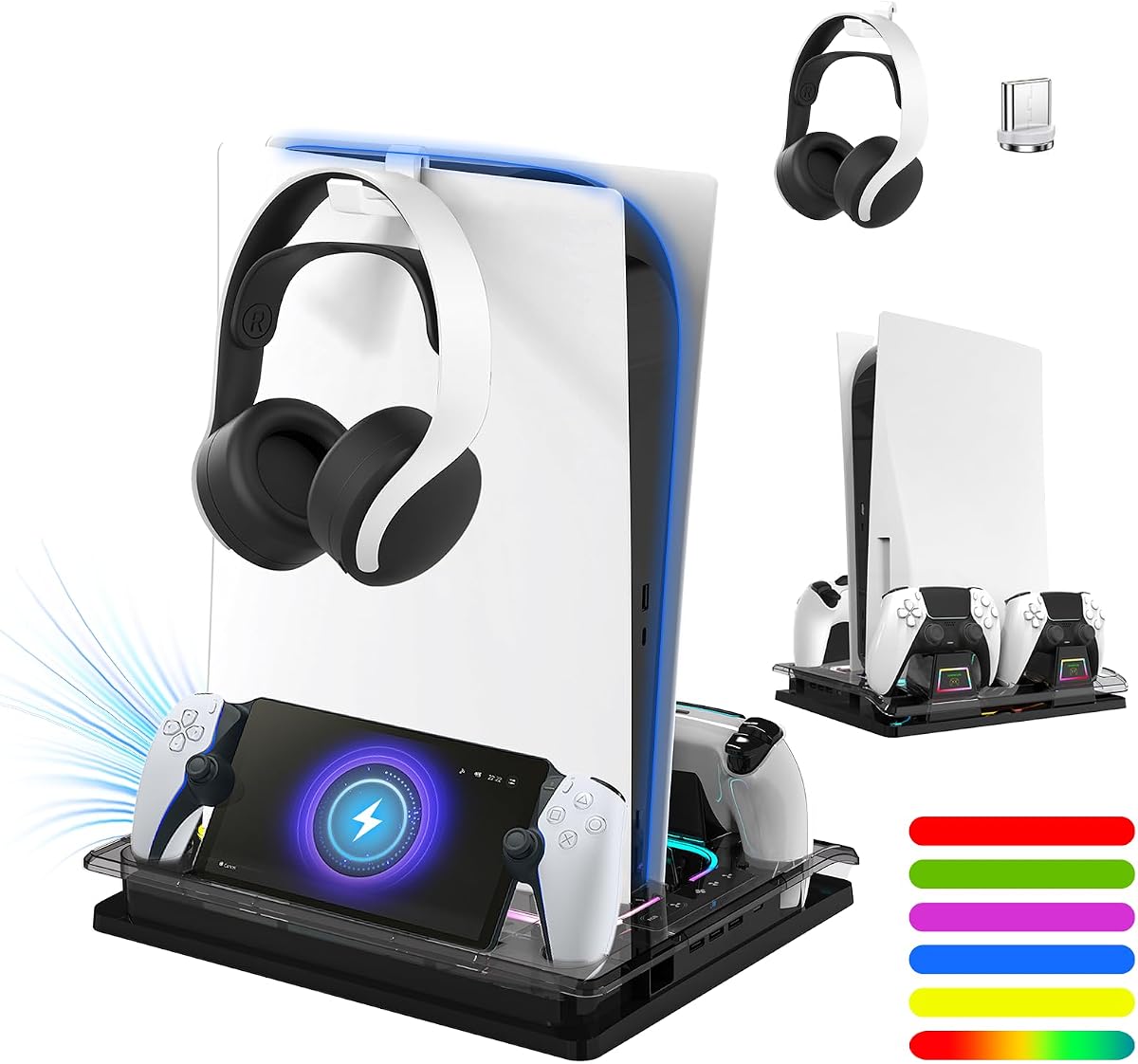 GAMINJA for Ps5 Cooling Station with Ps Portal Charger for Ps5/Slim/Pro | Rgb Dual Controller Charging Dock 3In1 Cooling Stand for Playstation 5 Console,Headset Holder, Charging Ports Ps5 Accessories