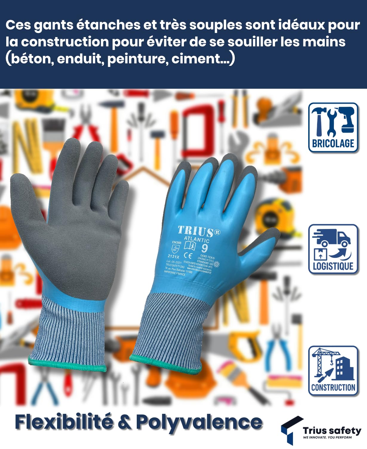 TRIUS ATLANTIC - 10 paia di guanti protettivi impermeabili all'acqua e agli oli, doppio rivestimento in lattice per una presa perfetta, ideale per costruzione, manutenzione, cantiere, taglia 11/XXL