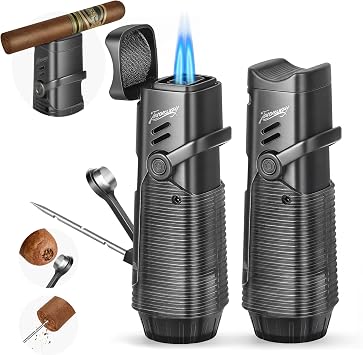 Tesonway Cigar Lighter 2 Pack, Windproof Refillable Butane Torch Lighter, Multifunction Cigar Accessories Butane Lighter with Cigar Holder, Cigar Draw Enhancer and Cigar Punch, Butane Not Included