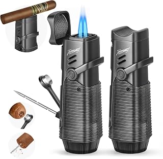Tesonway Cigar Lighter 2 Pack, Windproof Refillable Butane Torch Lighter, Multifunction Cigar Accessories Butane Lighter with Cigar Holder, Cigar Draw Enhancer and Cigar Punch, Butane Not Included