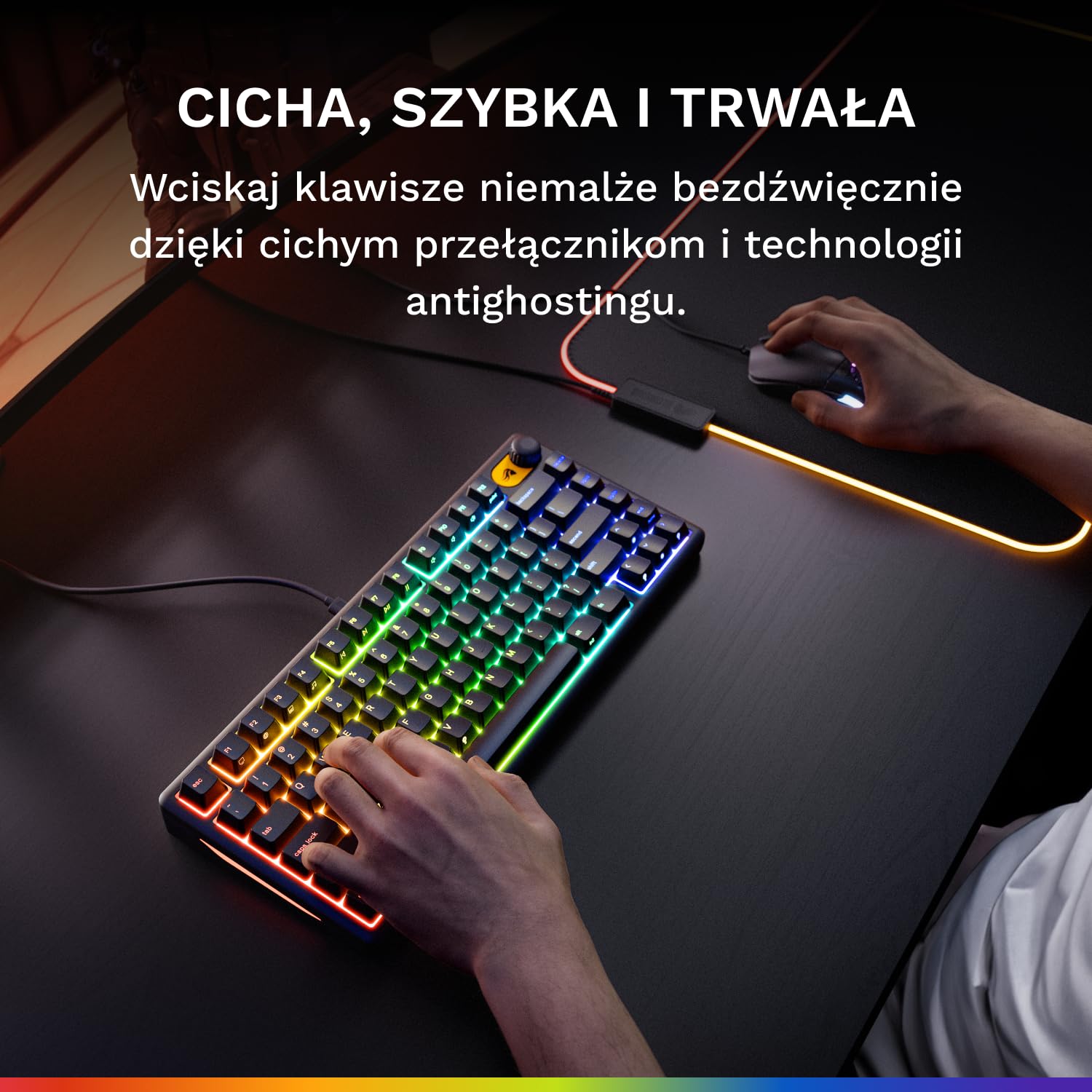 Klawiatura Glorious Gaming GMBK 75% (układ ISO UK) – Wymienne nakładki MX, odłączany USB, IP57 wodo/pyłoszczelna, podświetlenie RGB 10 stref, ciche przełączniki - 321x137x41mm