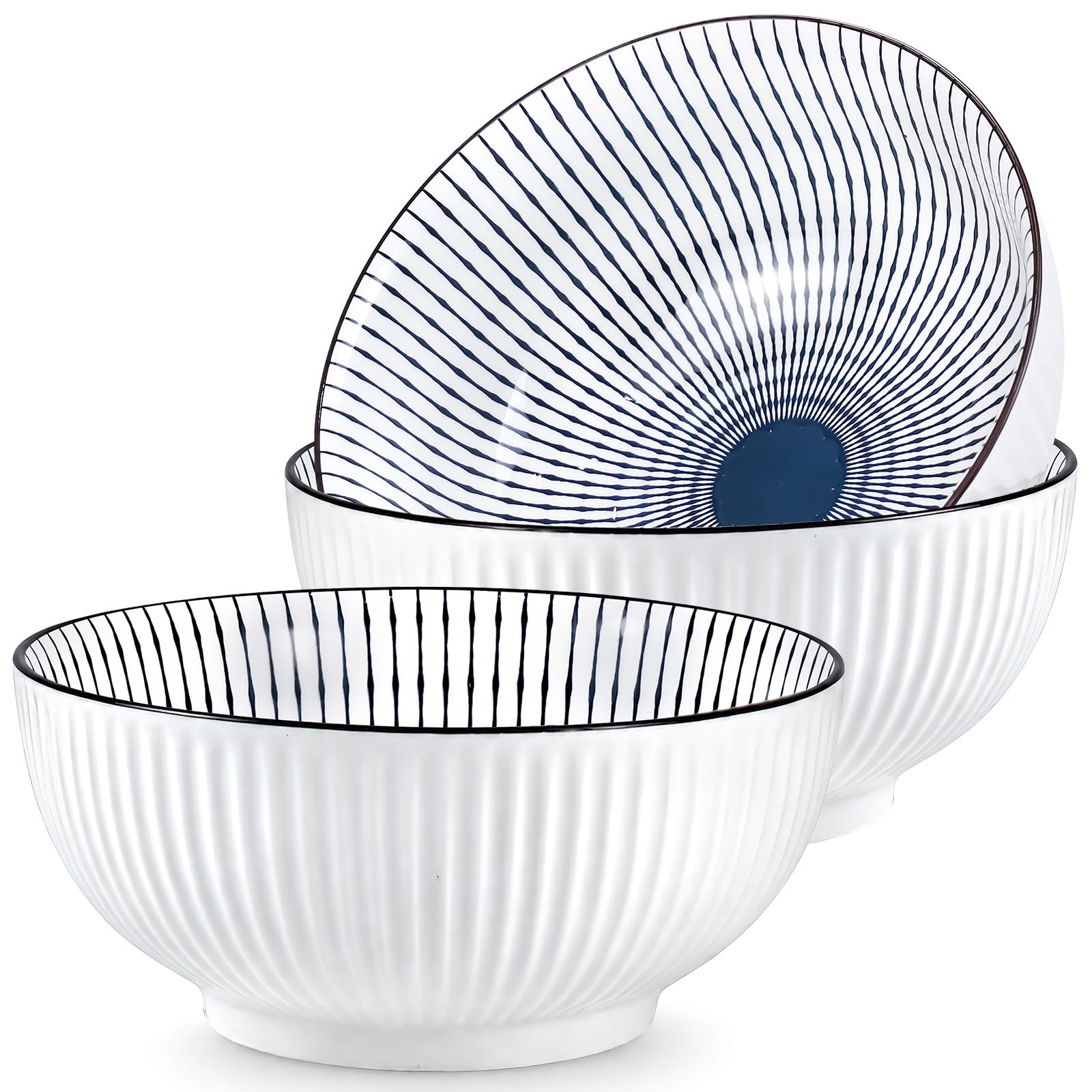 OJMHD Large Japanese Ramen Bowls Set of 3, 1800 ml Ceramic Noodle Bowls, White Porcelain Soup Pho Bowl for Salad Cereal Pasta, Microwave & Dishwasher Safe, Stripe Pattern