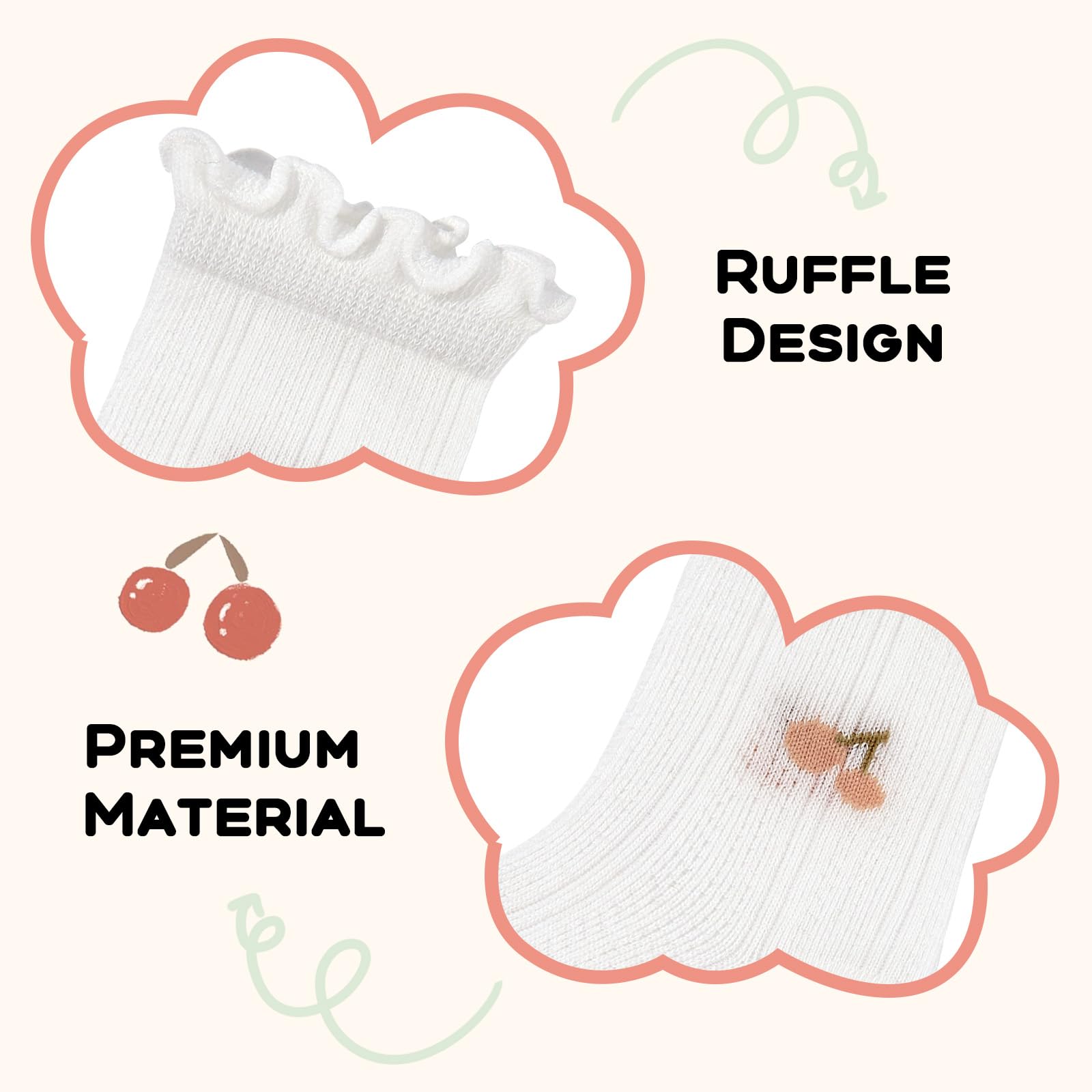 American Trends Baby Girls Socks Toddler Socks for Girls Summer Frilly Socks Kids Ruffle Socks Cute Crew Socks White Cherry L
