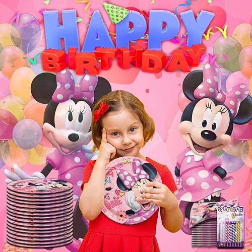 Miniatura 5 de Minnie Mouse - Platos y servilletas de feliz cumpleaños  Platos de fiesta de cumpleaños de 9 pulgadas para almuerzo sirve 16  Juego de platos de