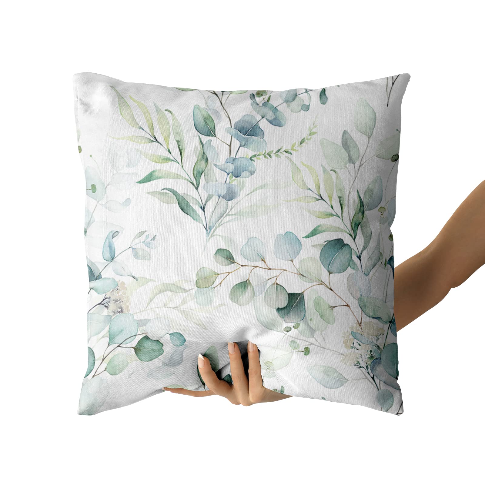 AEIOAE Sage Green Pillow Covers 18x18 Inch Set Of 2 - Watercolor Eucalyptus Floral Print, Hidden Zipper