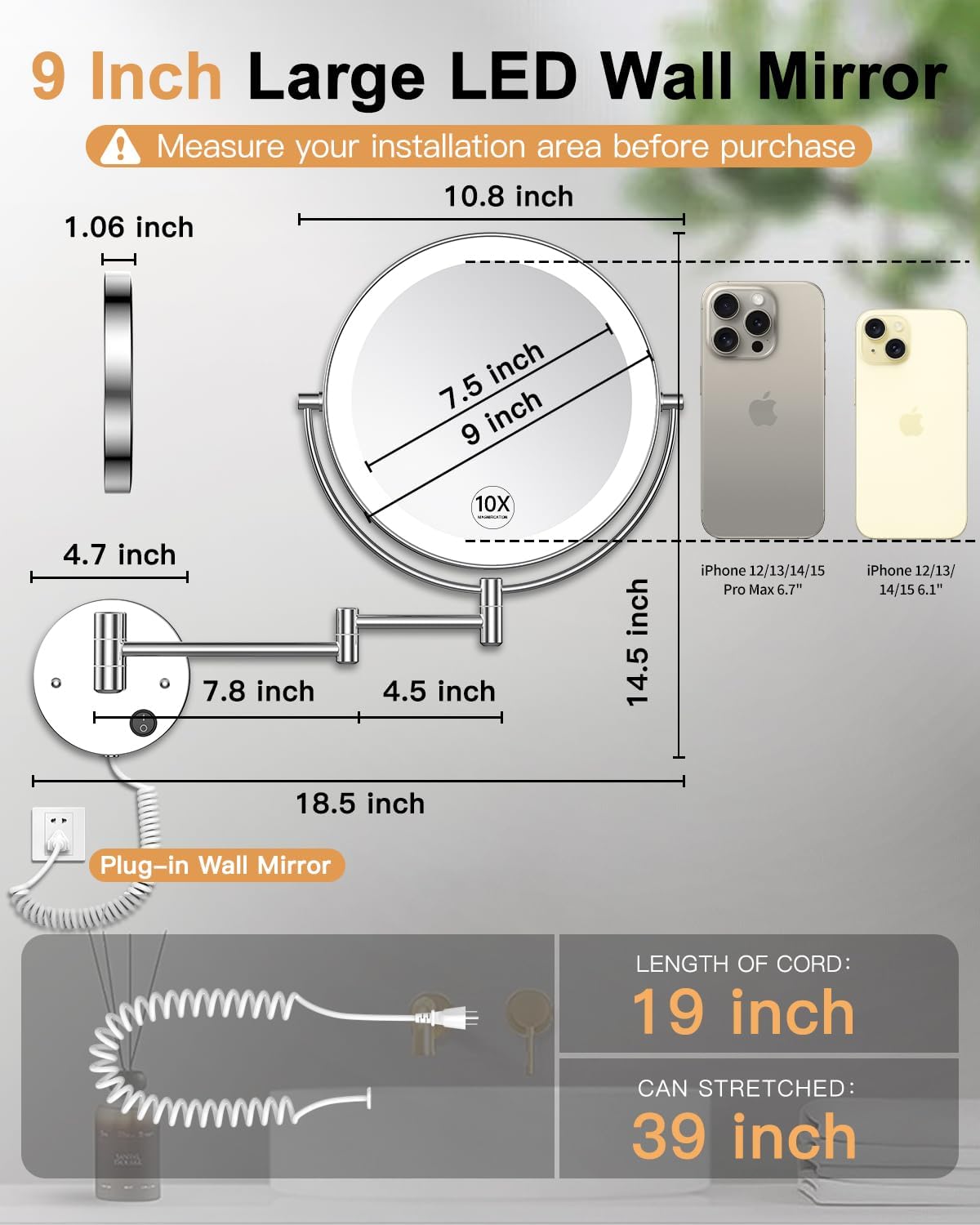 Gospire 9” Wall Mounted Lighted Magnifying Mirror, 1X/10X Magnification Double-Sided LED Bathroom Mirror, 3 Color Lights & Stepless Dimming with Touch Sensor, Extendable Arm 360° Swivel for Shaving