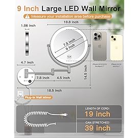 Gospire 9 Wall Mounted Lighted Magnifying Mirror, 1X/10X Magnification Double-Sided LED Bathroom Mirror, 3 Color Lights & Stepless Dimming with Touch Sensor, Extendable Arm 360 Swivel for Shaving