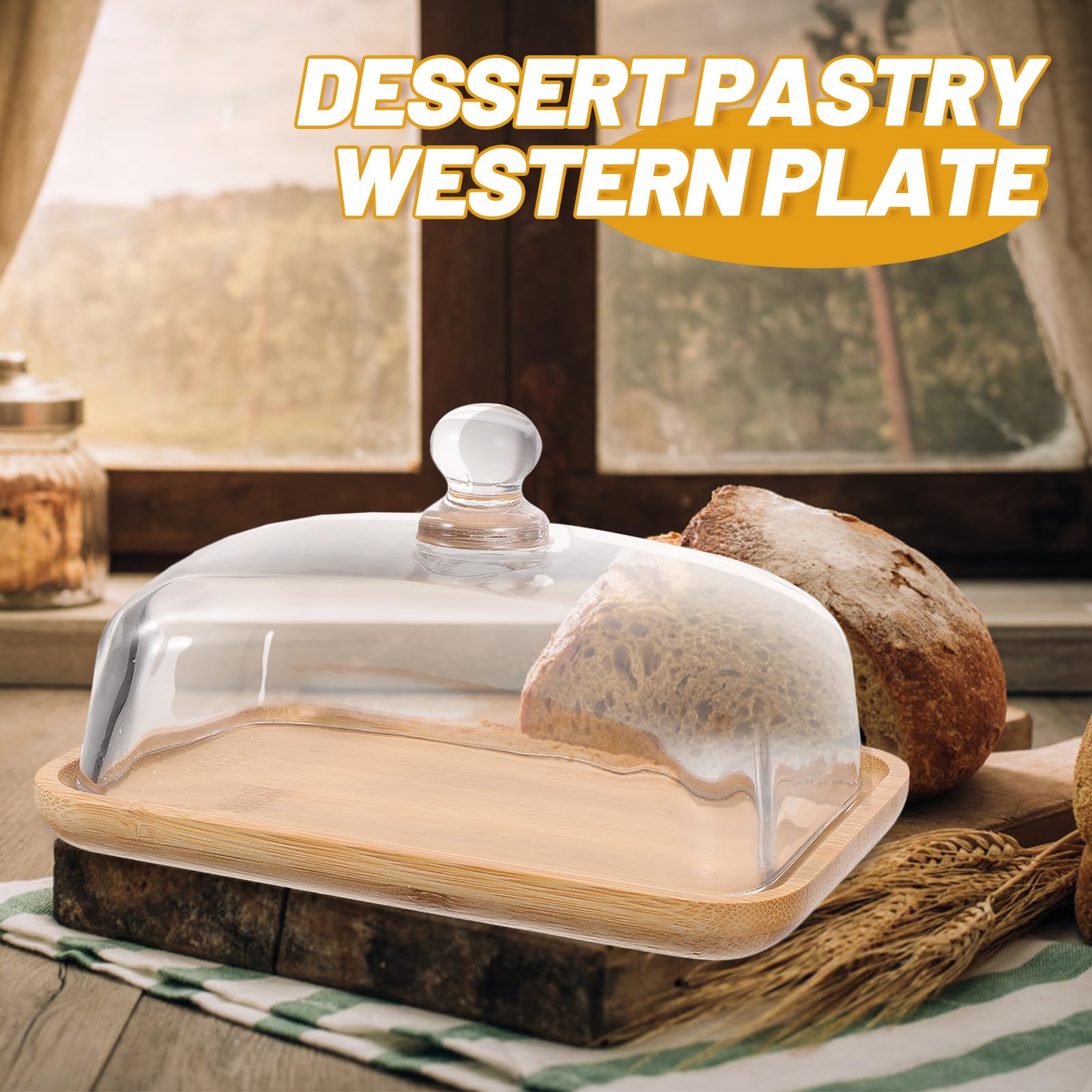 Baluue 1 set di alzata per torte in legno con copertura a cupola in vetro rettangolare per torta, campana in vetro, trasparente, supporto per cupcake e dolci, per matrimoni, feste di compleanno