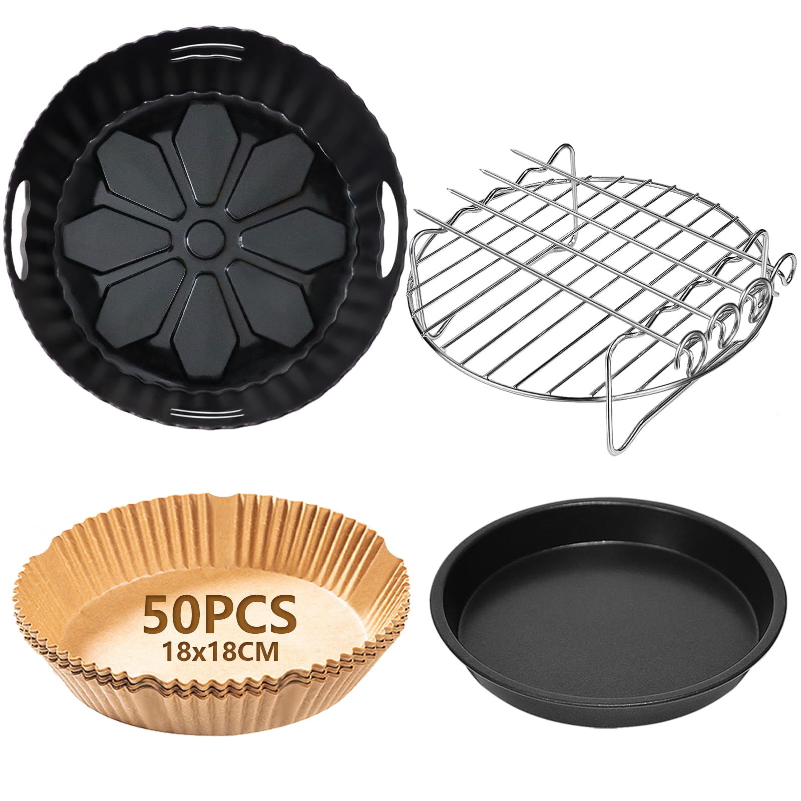 4PCS 19CM Accesorios Freidora de Aire - Air Fryer Accesorios para Xiaomi 4L, Aigostar 4,2L, Philips 2000-Serie 4,2L (NA229/00), Papel, Bandeja para Pizza, Rejilla Multiusos, Molde de Silicona