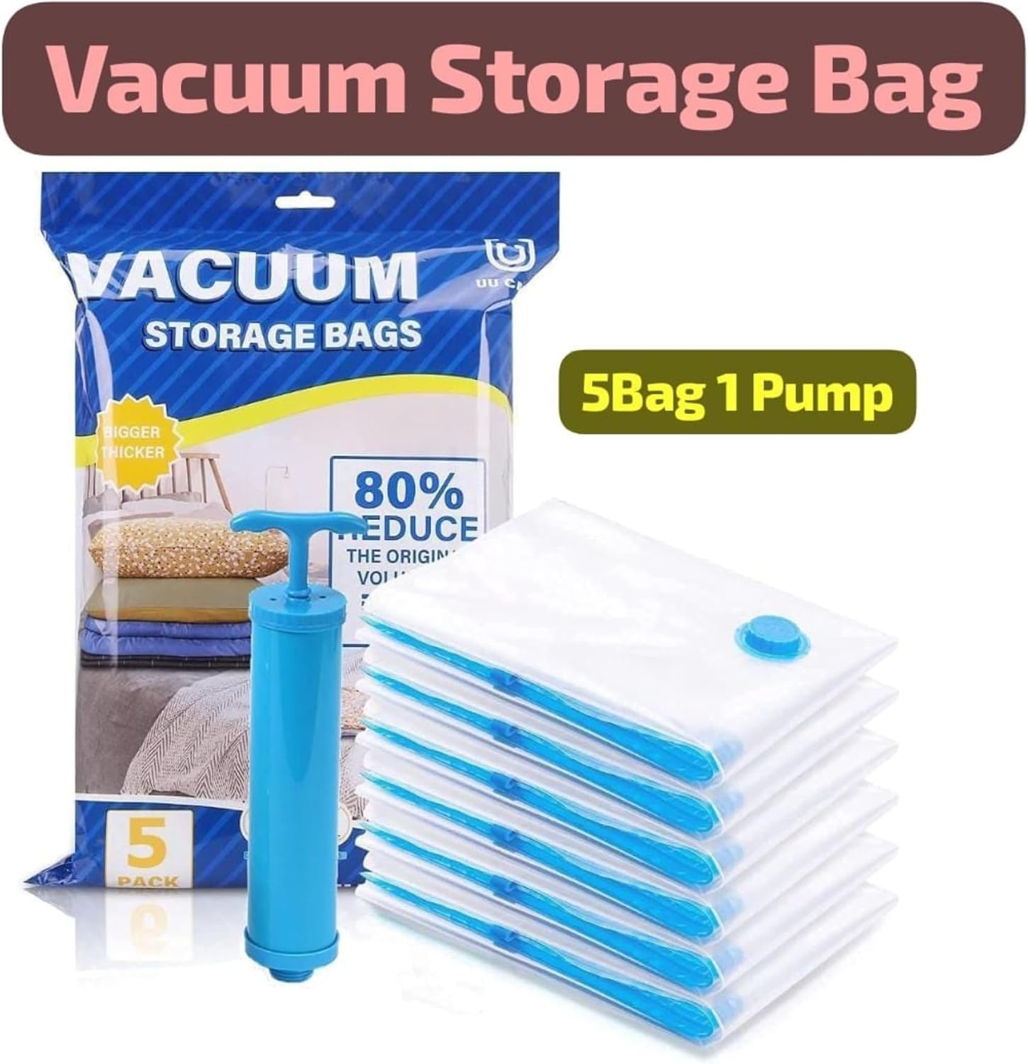 Vacuum Storage Bags with Hand Pump – 5 Pack Large Space Saver Bags for Clothes, Blankets, Comforters & Pillows – Airtight Reusable Compression Bags for Travel & Home Organization