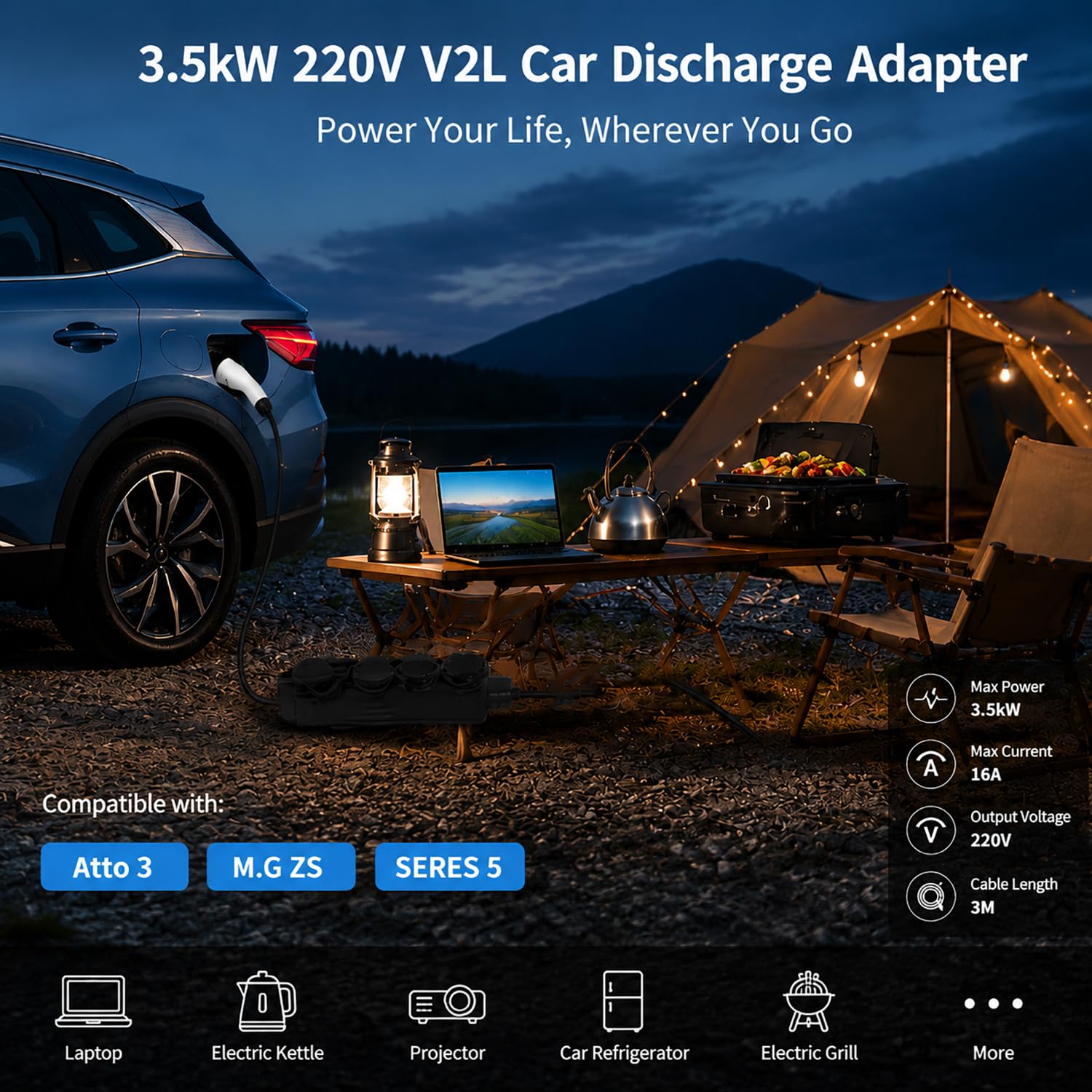 Adapter Rozładowujący Do Samochodu 3,5 Kw 220 V, Atto3 ZS EV Pistolet Rozładowujący Z Kablem 3 M, Rozgałęźnik Gniazda Europejskiego 1 Na 4, Wtyczka Typu 2, Adapter Rozładowujący 16 A V2L Do Kempingu