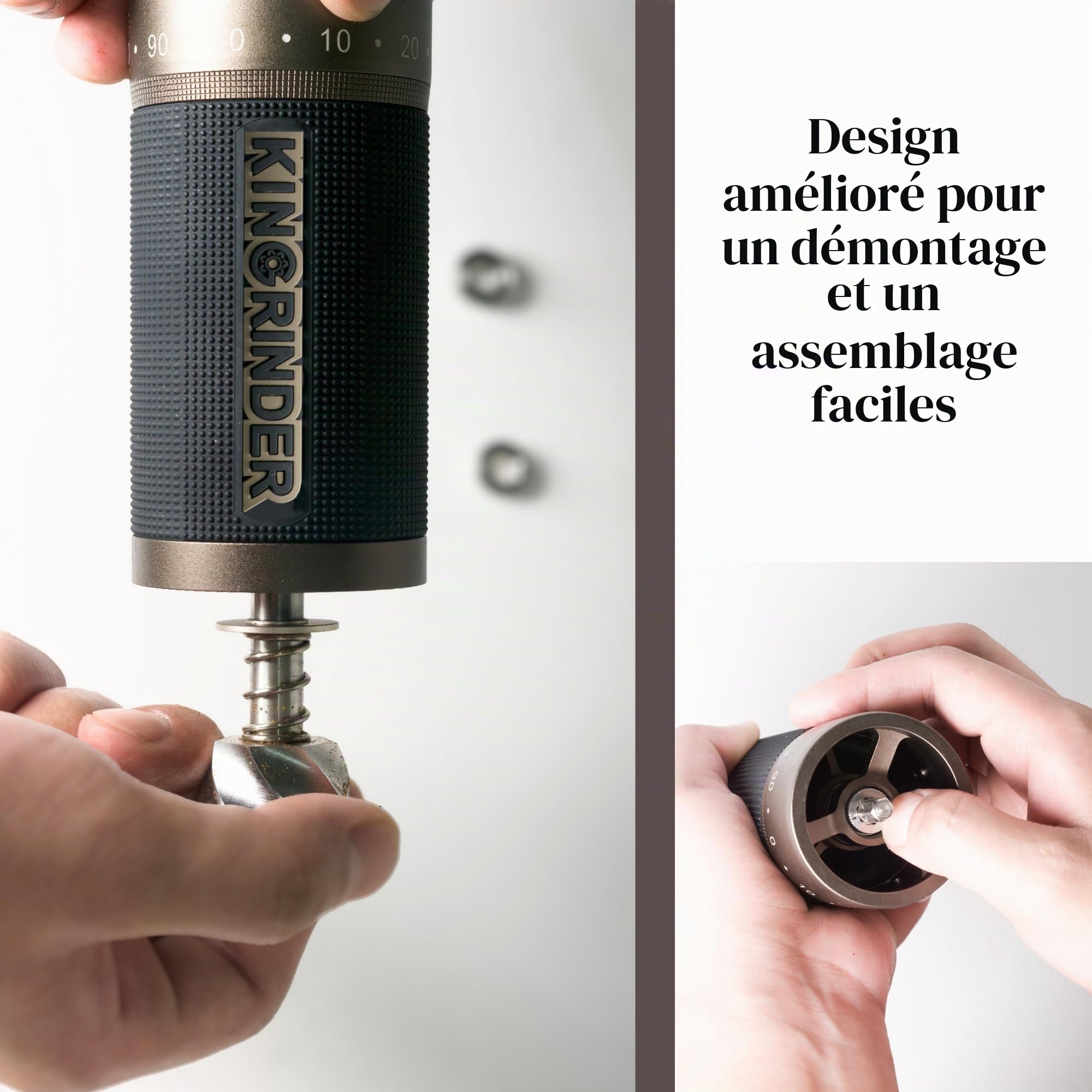 KINGrinder K7 Moulin à café manuel avec poignée incurvée, récipient magnétique et clip de poudre, broyeur conique professionnel 7 pans en acier inoxydable, capacité de 30 à 35 g