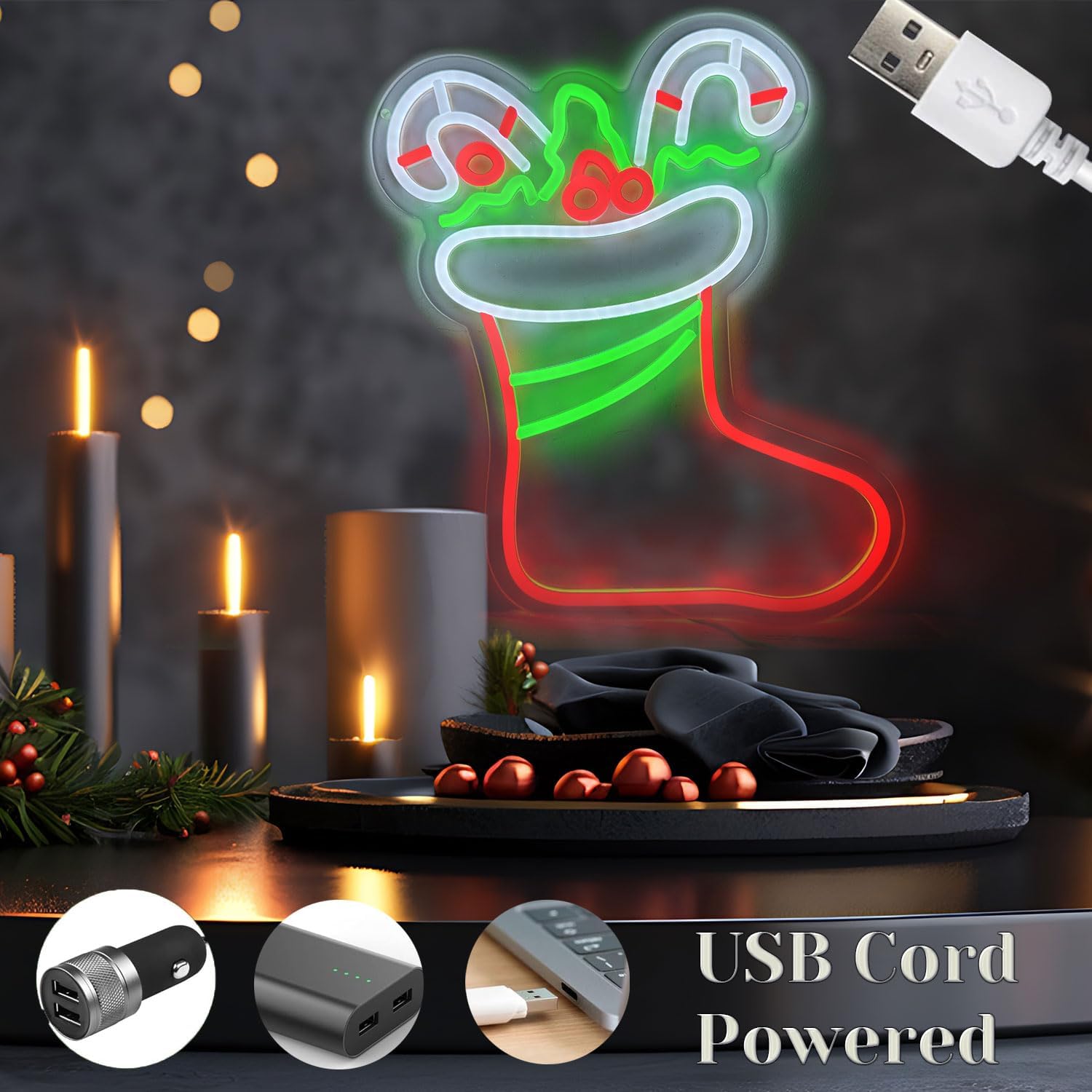 Christmas Decor Sock Neon Sign Lights Red White Led Night Light Acrylic Board USB Plug-in Signs Decorations for Aesthetic Bar Wall Bedroom Decor for Kid Adult Christmas Gifts - Image 5