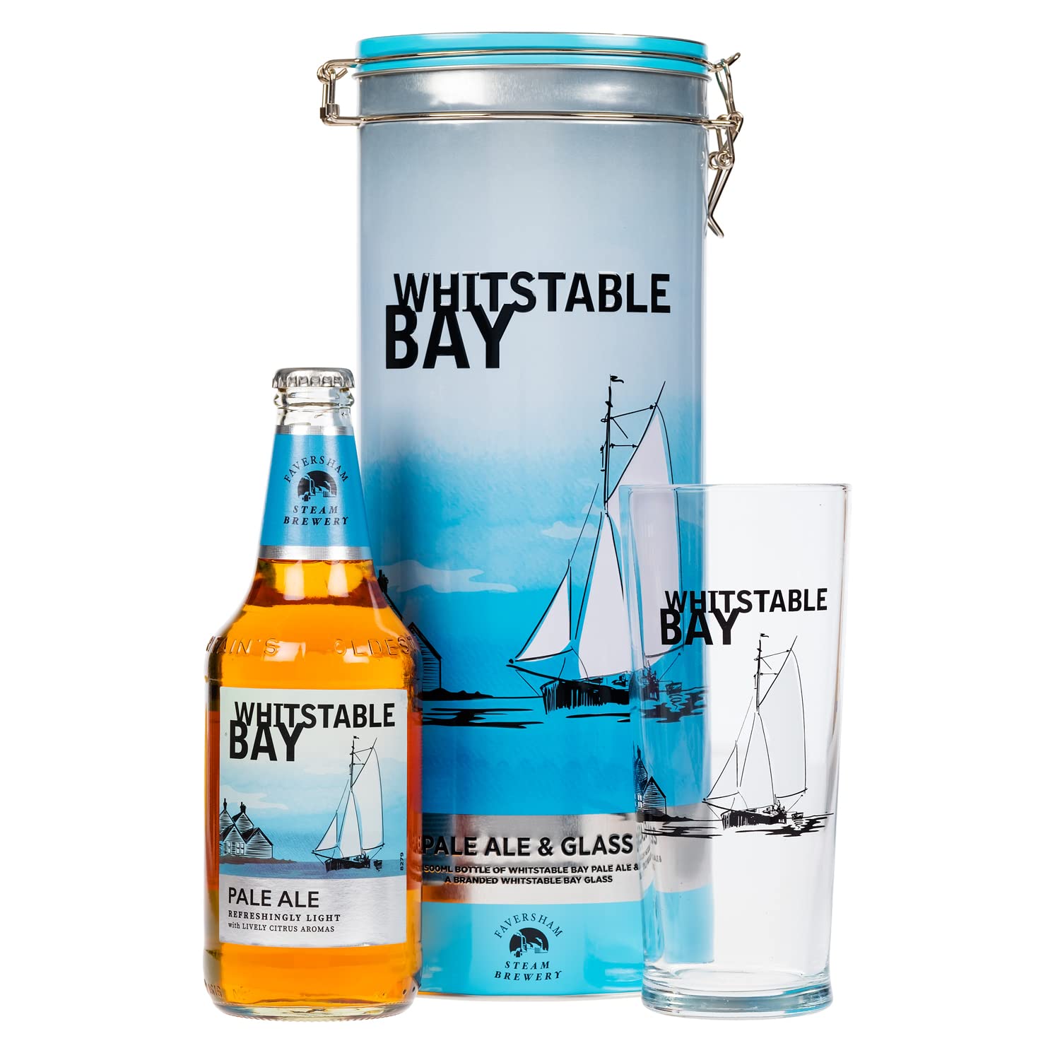 Whitstable Bay Pale Ale Gift Set – 500ml Bottle and Branded Pint Glass in Reusable Collectable Tin – By Blue Tree Gifts