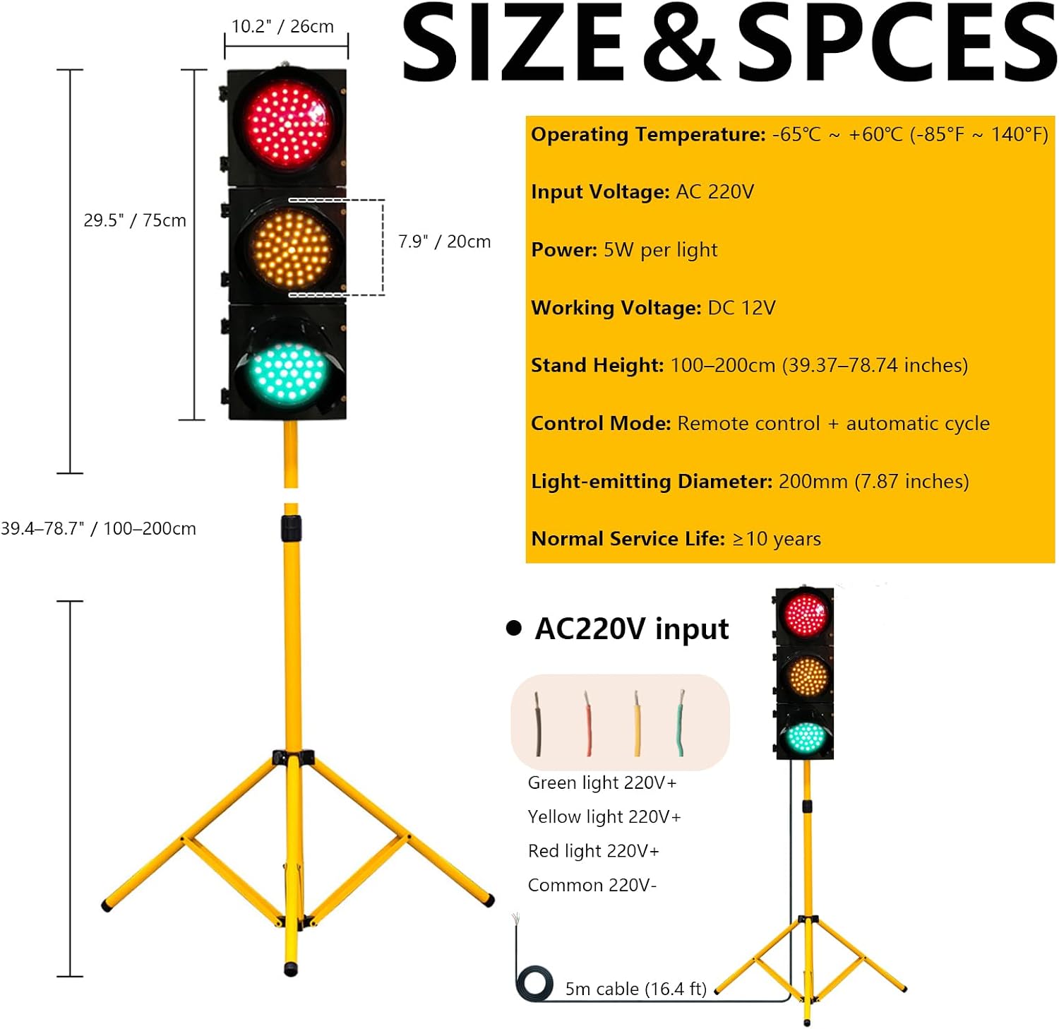 Floor Traffic Light with Remote Control, 3-Color Stop Light for Classroom & Traffic Safety Teaching, Temporary Road Traffic Light Lamp 200-Type