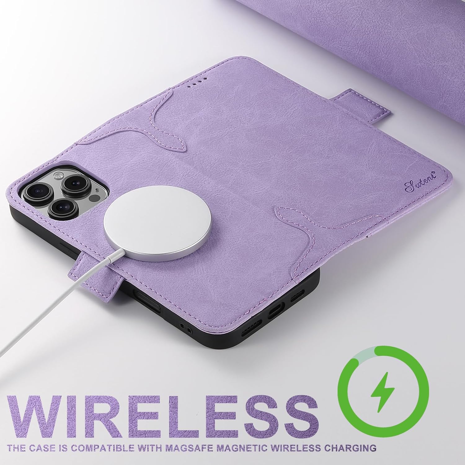 SINIANL for iPhone 16 Wallet Case Compatible with MagSafe Wireless Charging, Leather Folio Cover with Card Slots and Kickstand Flip Case Wallet for iPhone 16 Purple