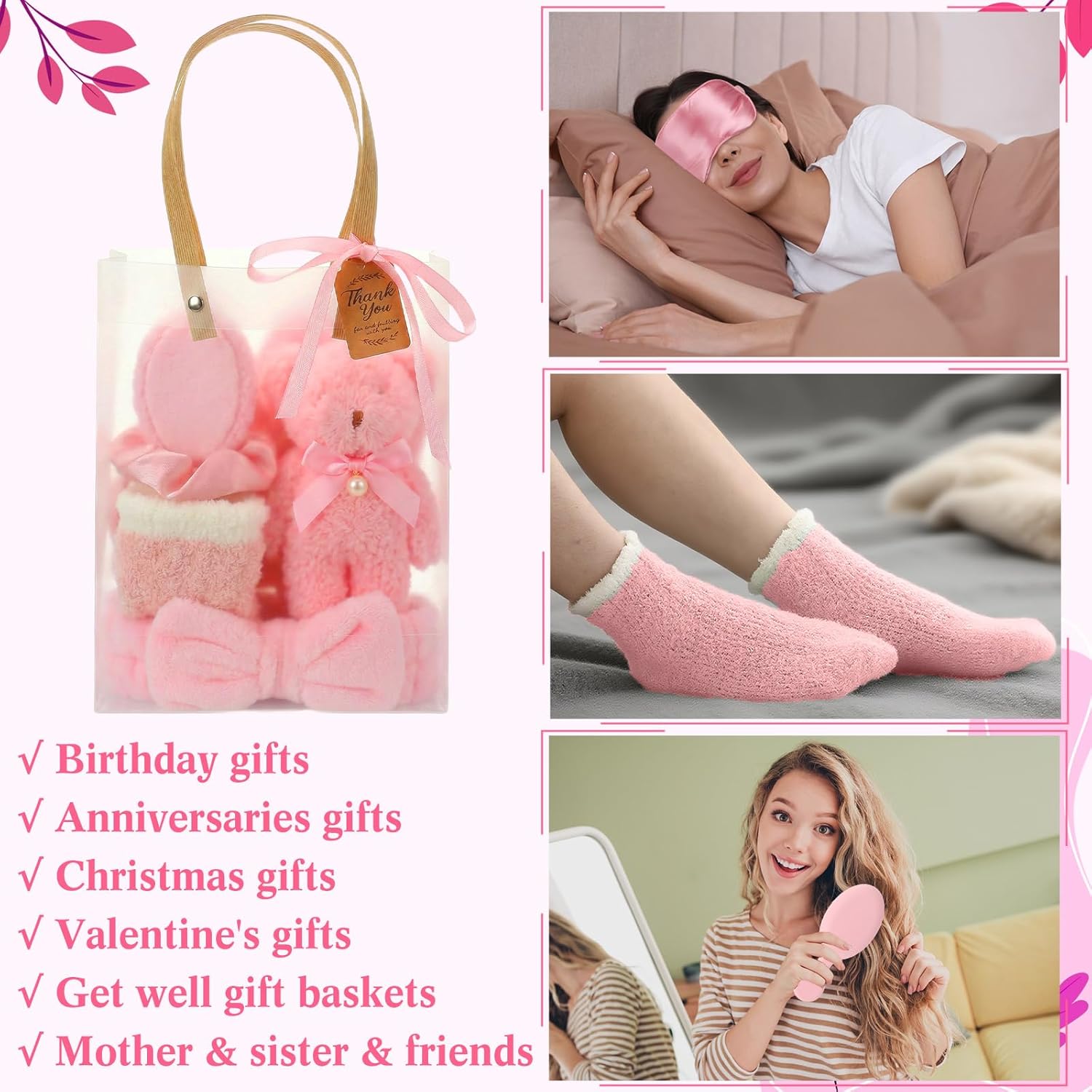 6 Set Mother's Day Spa Gifts for Mom & Women, Sleepover Party Favors Supplies for Bridesmaid Bridal Shower Wedding Guests Birthday Gift with Towels Socks Hair Tie Clip Eye Masks(Pink)