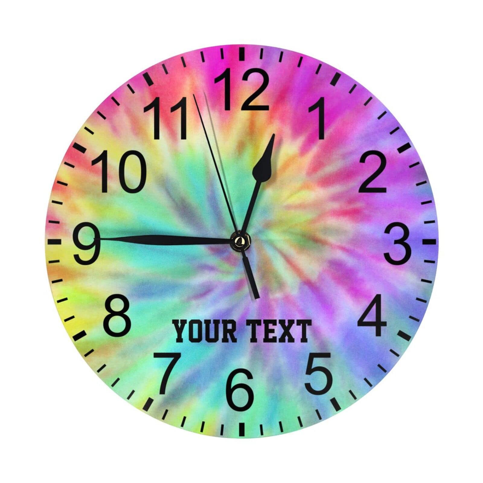 SUQINFA Custom Rainbow Tie Dye Wall Clock for Kids Room, Personalized Kid Name Wall Clock Birthday Gift, Customized 10 inch Round Clock Children Room