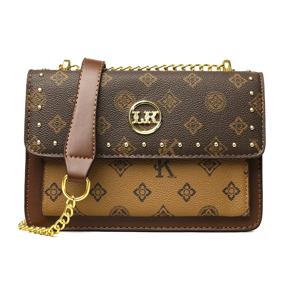 Women's Monogram Crossbody Bag with Gold Chain Strap, Brown-image-25