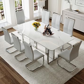 79" Dining Table Set for 8,White Glossy Dining Room Table with 8 PU Leather Chairs,Thick Wood Table Top with Chrome Plate Legs,Extra Large Rectangular Dinner Table for Kitchen Dining Room