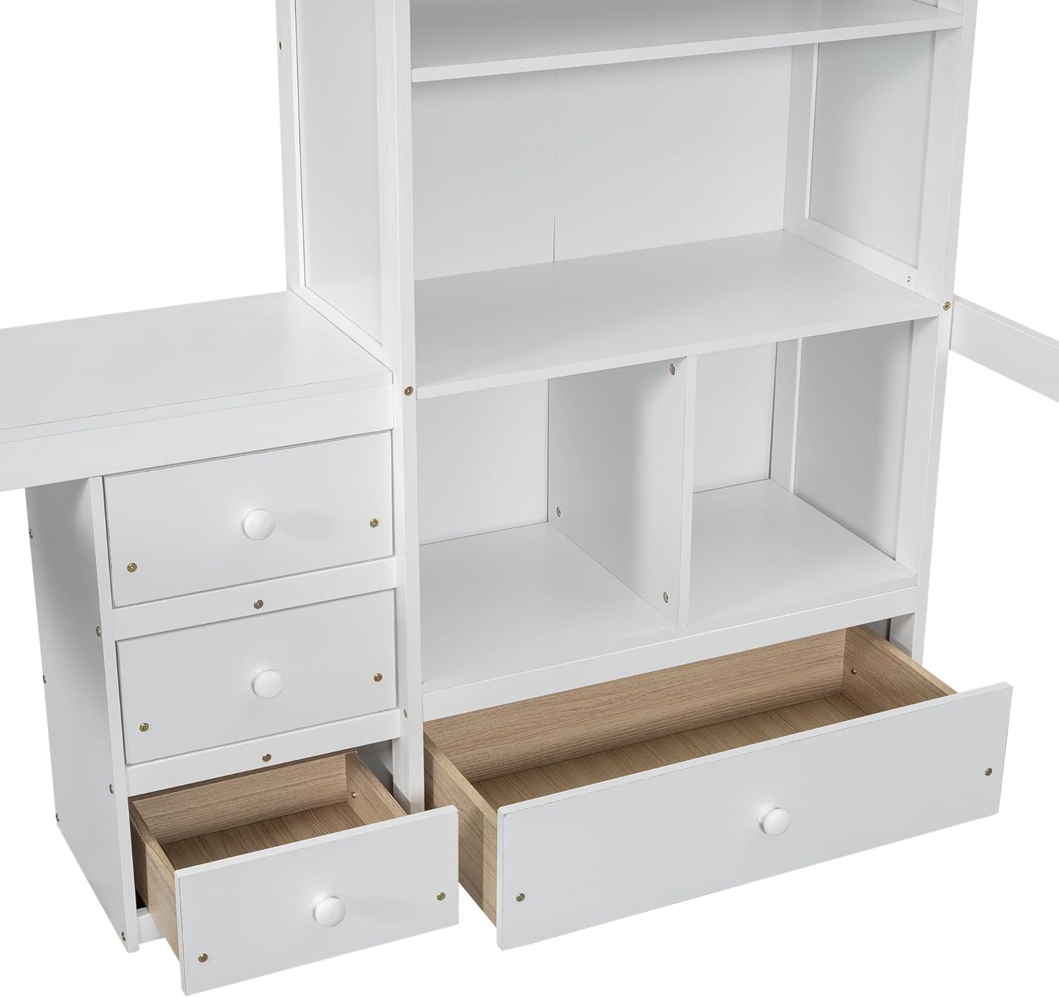 Ball & Cast Full Size High Loft Wood Bed with Desk and Storage Shelves,Built-in Ladder Bedframe W/Drawers & Full-Length Guard Rail,Space Saving,Bedroom Furniture for Student Dorms,White