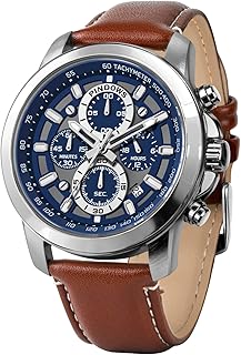 PINDOWS Watches for Men, Men's Analog Quartz Chronograph Watches Waterproof Business Casual Dress Watch with Black Brown Leather Strap