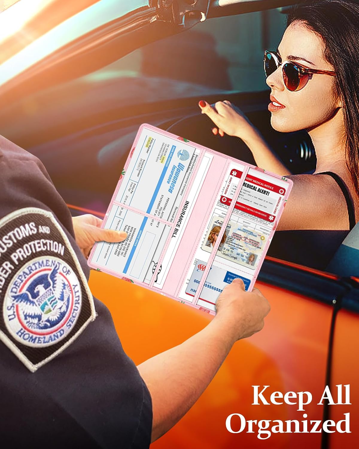 Slohif Car Registration and Insurance Card Holder with Magnetic Shut - Vehicle Glove Box Organizer Women Leather Automobile License Holders Coasters Auto Accessories Case for Document,Strawberry