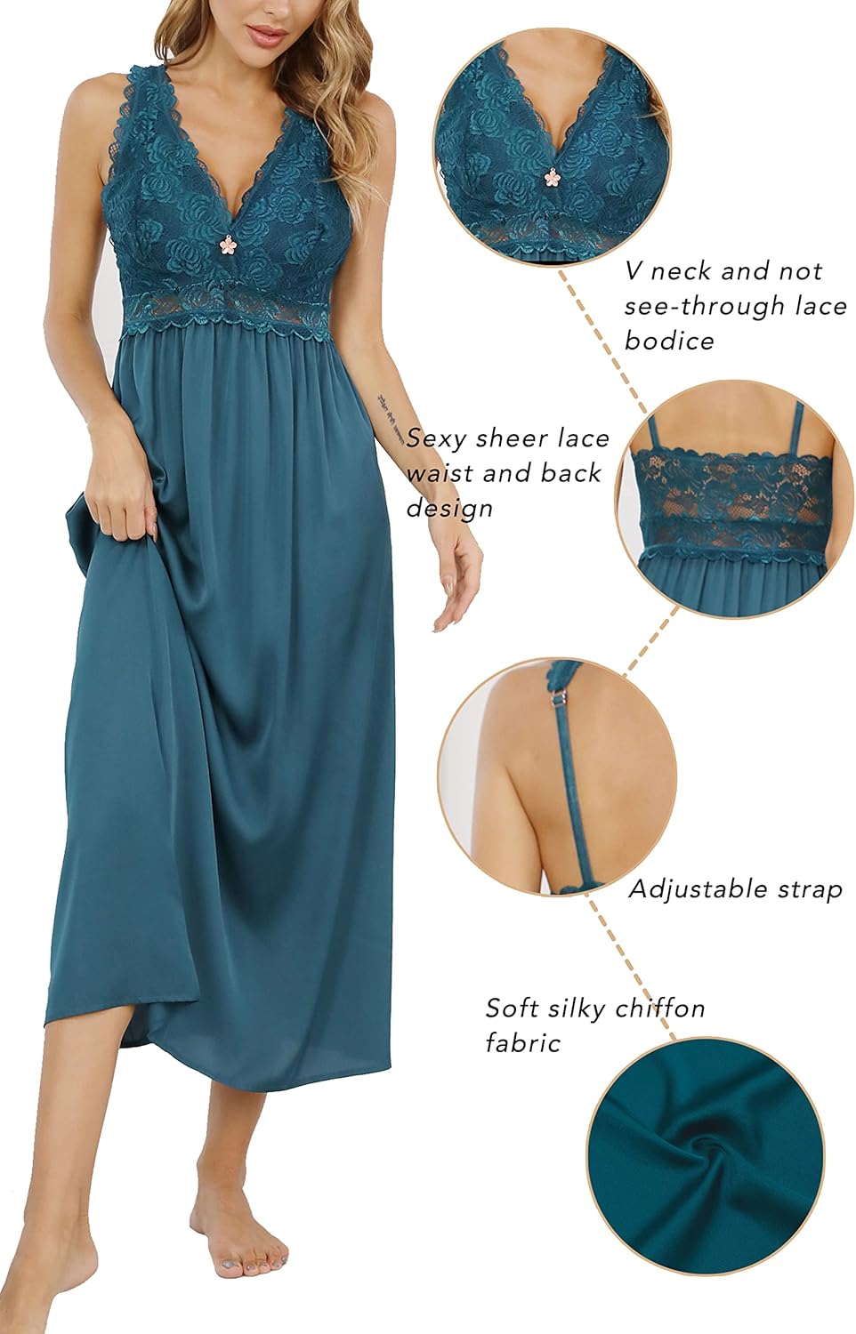 ALCEA ROSEA Womens Sexy Nightgowns Long Floral Lace silky Lingerie supportive Chemises Full slip for Women Elegant Sleepwear