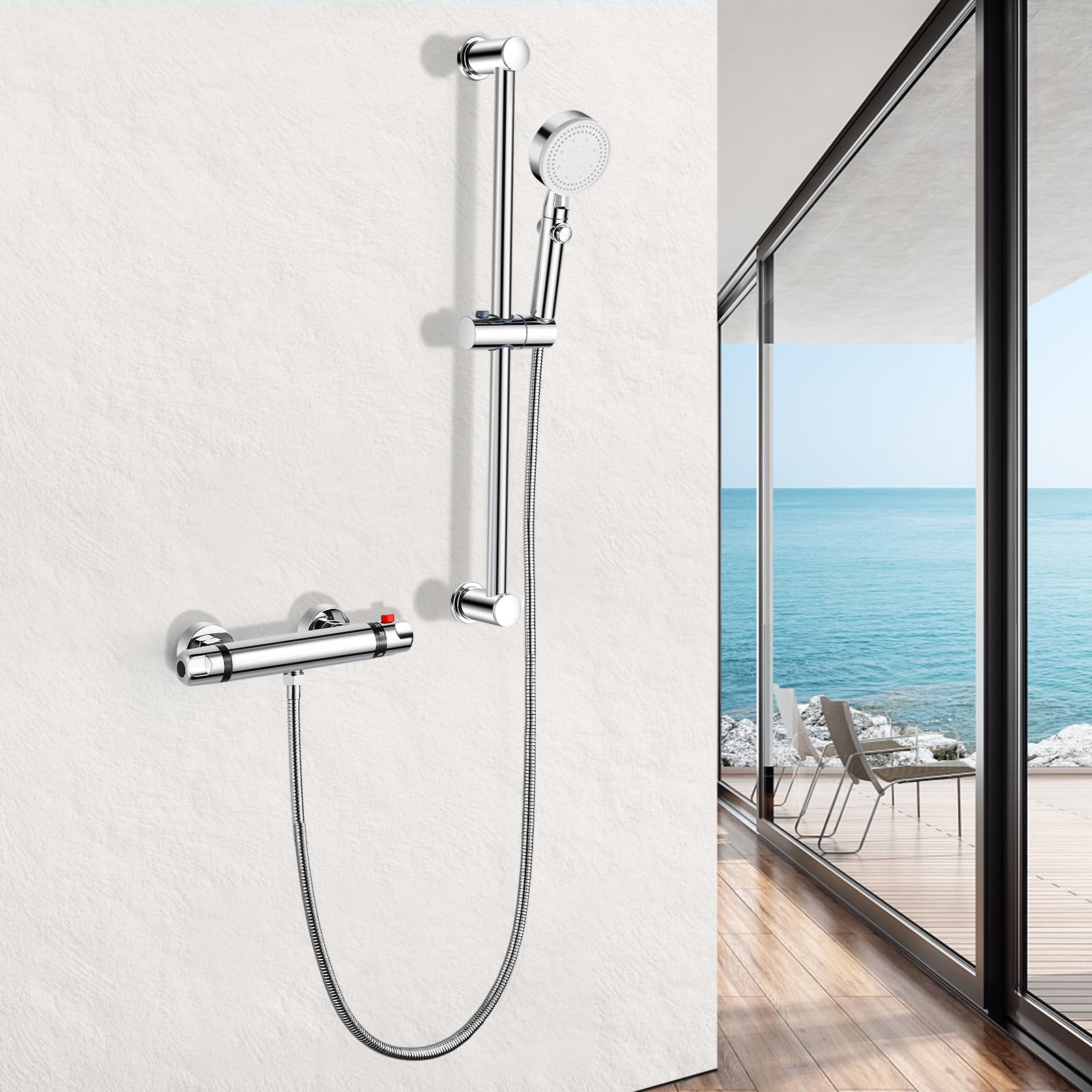 Ensemble de Douche avec Mitigeur Thermostatique avec Barre 635mm en Laiton | Système de Douche Thermostatique avec Mitigeur,Réglable Barre,Douchette à Main 5 Jets, Flexible Tuyau 1.5M, G 1/2", Chromé