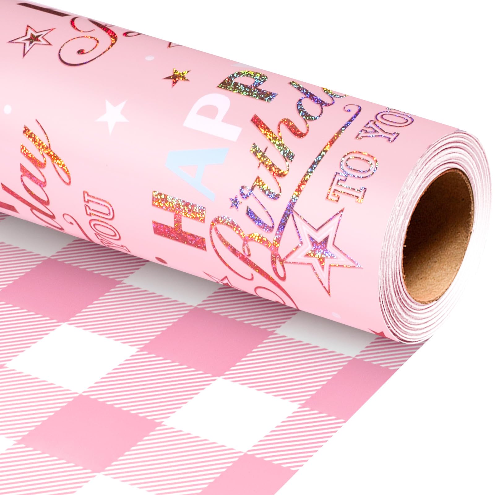 Wikadlik Pink Birthday Wrapping Paper - 43cm x 10m Luxury Holographic Happy Birthday Text & Star Pattern, Pink White Checkered Gift Wrap for Women Gils Birthday โ image 1