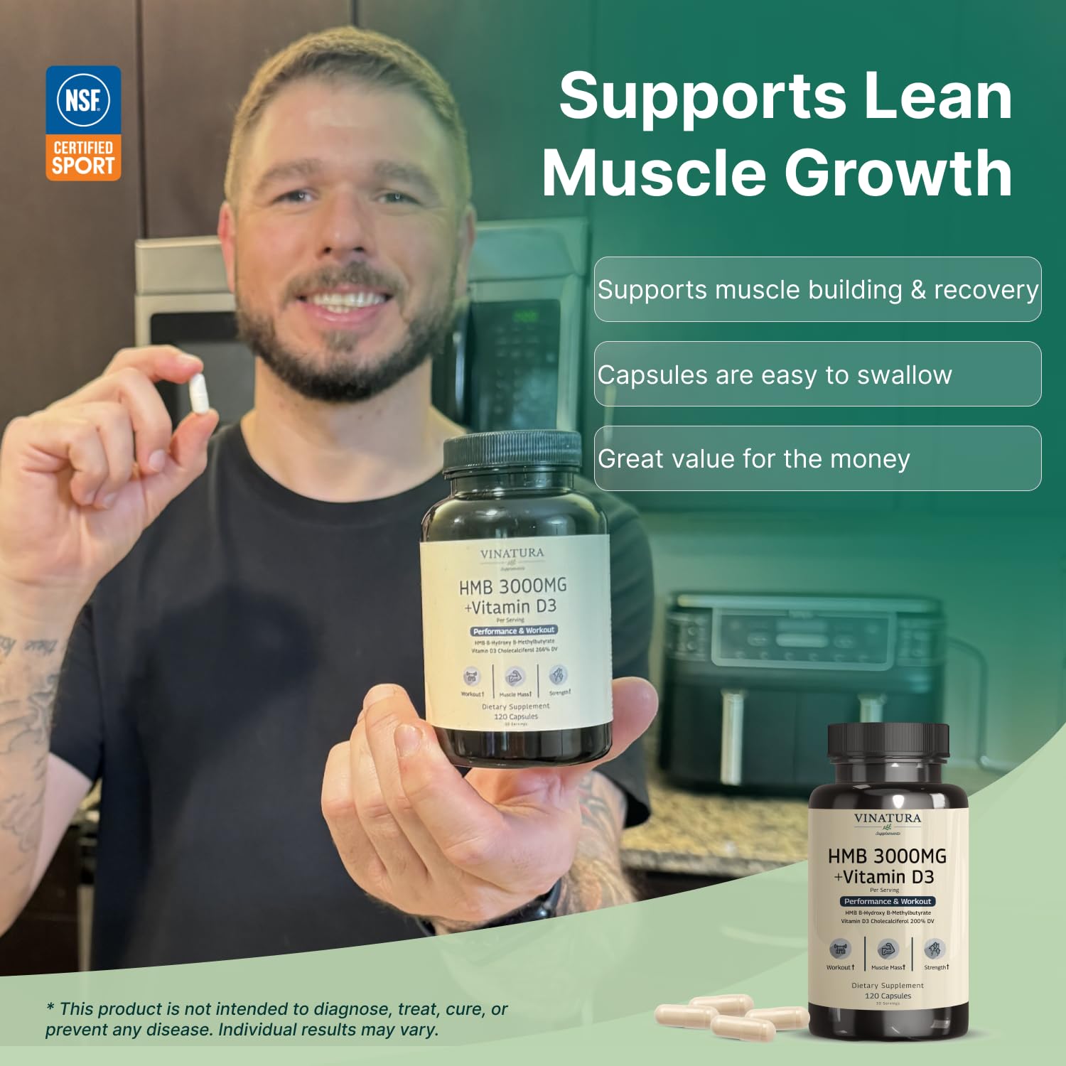 VINATURA HMB 3000mg and Vitamin D3 Supplement - Muscle Defense with HMB (Beta-Hydroxy Beta-Methylbutyrate), Vitamin D3 (1600 IU), Labs Tested & NSF Certified for Sport - 120 Capsules — Amazon image 7
