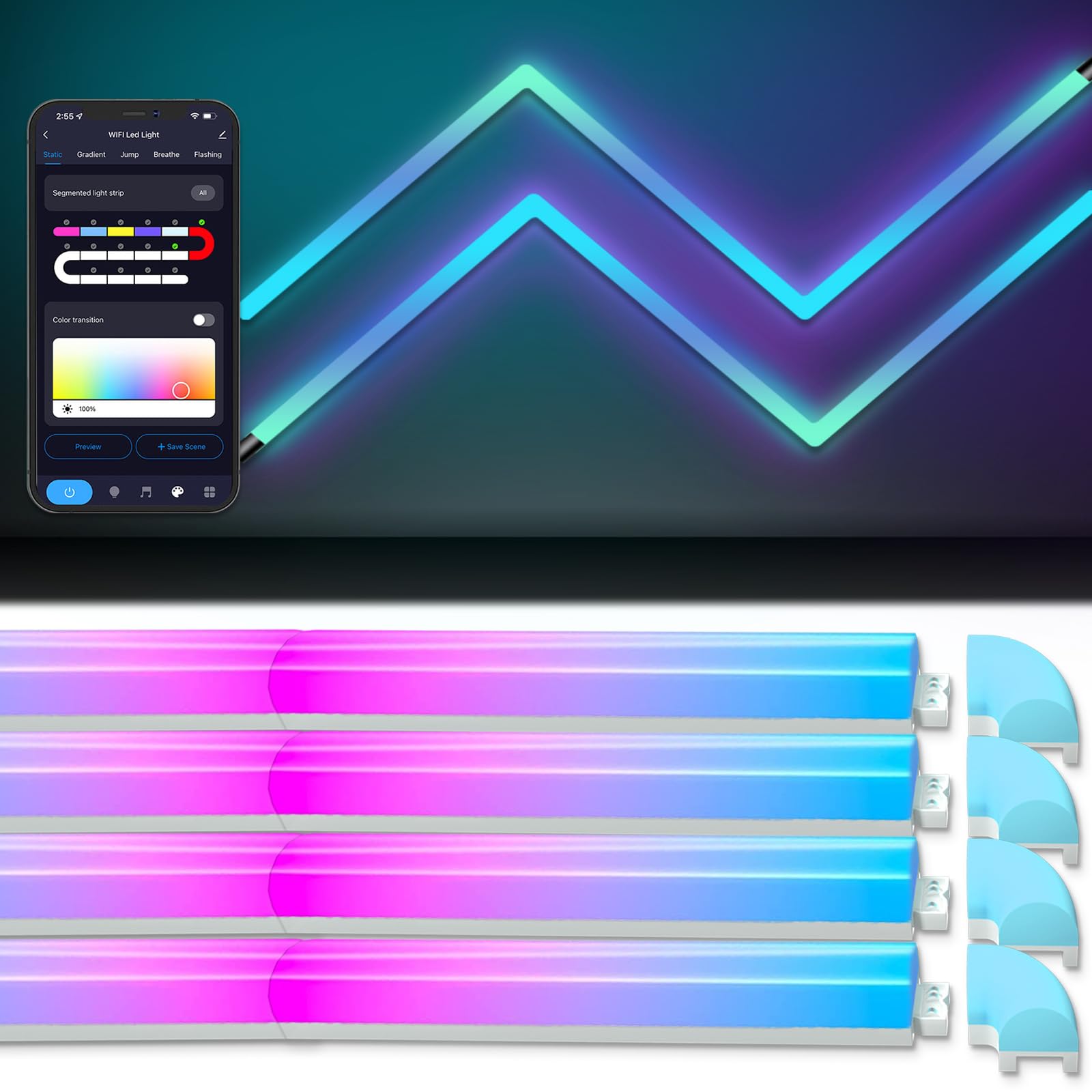 Smart LED Wall Lights 8Pcs, RGB-IC Glide Wall Lights with Music Sync and Dynamic Scenes, Compatible with Alexa and Google Assistant for Home Decor, Gaming