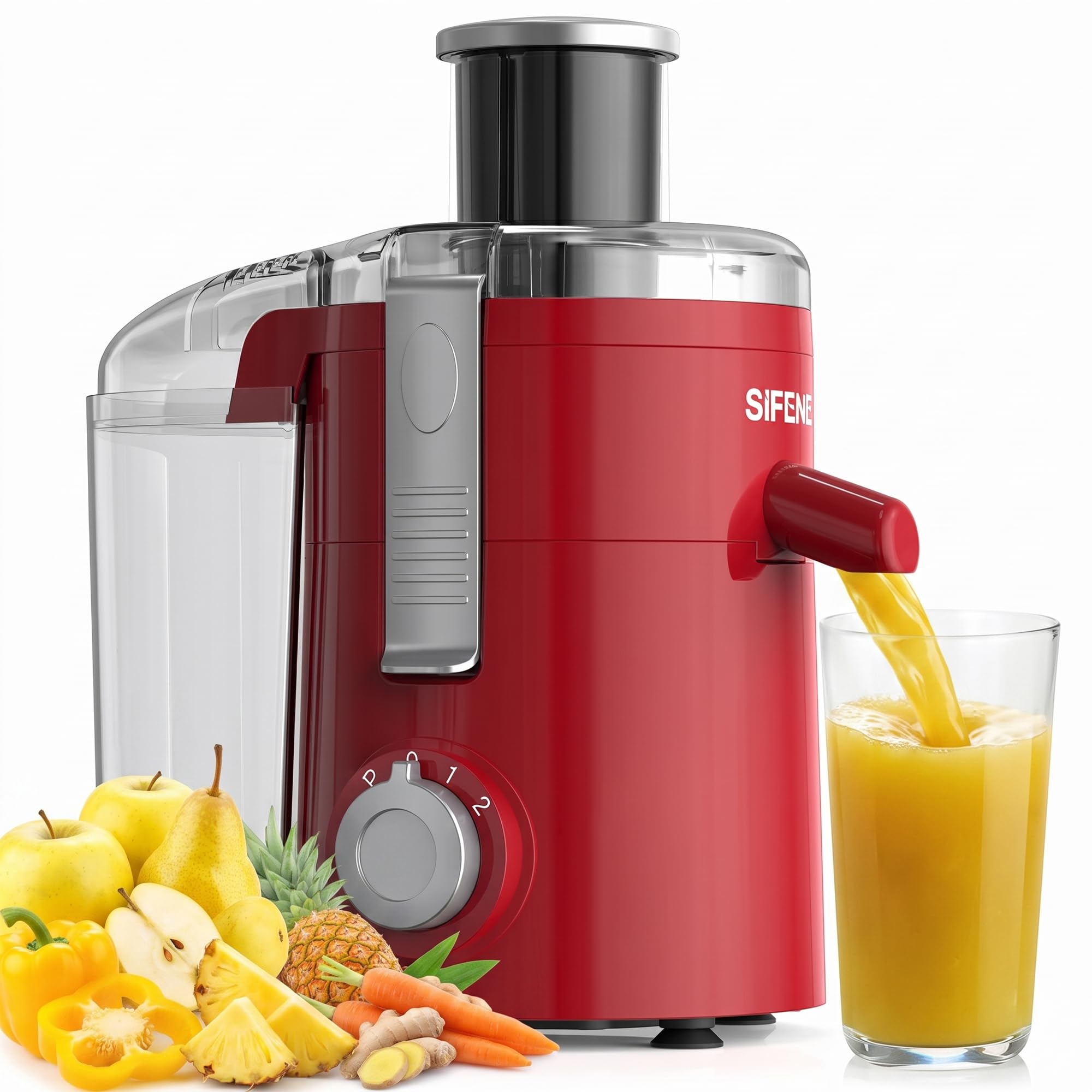 SIFENE 350W Compact Centrifugal Juicer Machine, 2.5" Chute, 3-Speed, Red